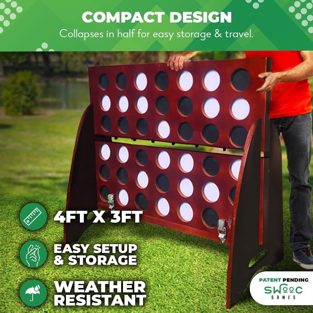SWOOC Games - XL Giant 4 in A Row (4ft x 3ft) Outdoor Connect Four Game with Carrying Case - All-Weather, 60% Quieter Design - Jumbo Lawn Games for Family, Backyard, Picnic & Beach Parties