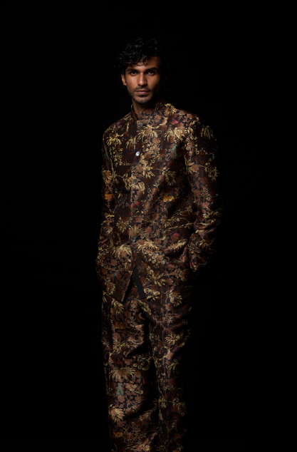 Elegant Black Bandhgala Silk Brocade Jacket for Men | Traditional Indian Wedding Attire | Perfect for Festivals, Parties & Formal Occasions