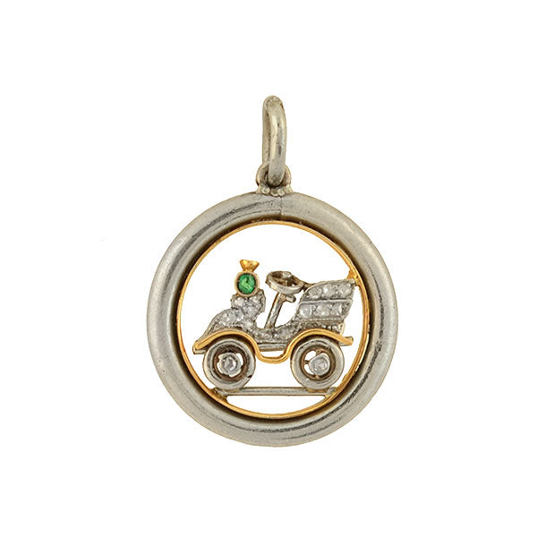 Vintage Edwardian Platinum & 14K Gold Diamond Emerald Car Charm Pendant - Perfect for Necklace, Bracelet & Jewelry Collection - Ideal Gift for Car Lovers & Antique Jewelry Enthusiasts