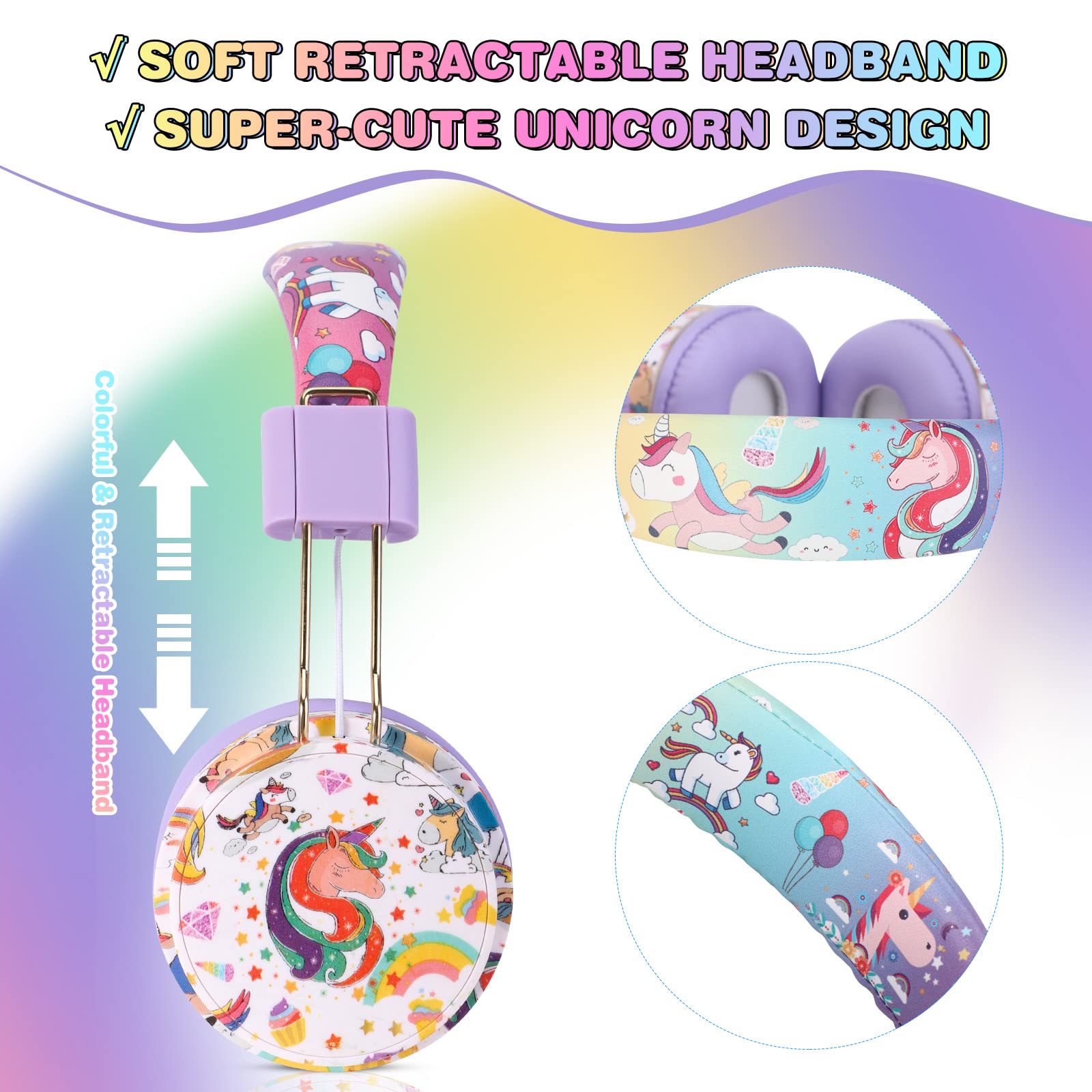 **Wireless Unicorn Headphones for Girls - Bluetooth Kids Headphones with Microphone, Adjustable Over-Ear Toddler Headphones for Ages 2+, Compatible with iPad/Fire Tablet (Purple) - Perfect for School, Travel & Home Learning**