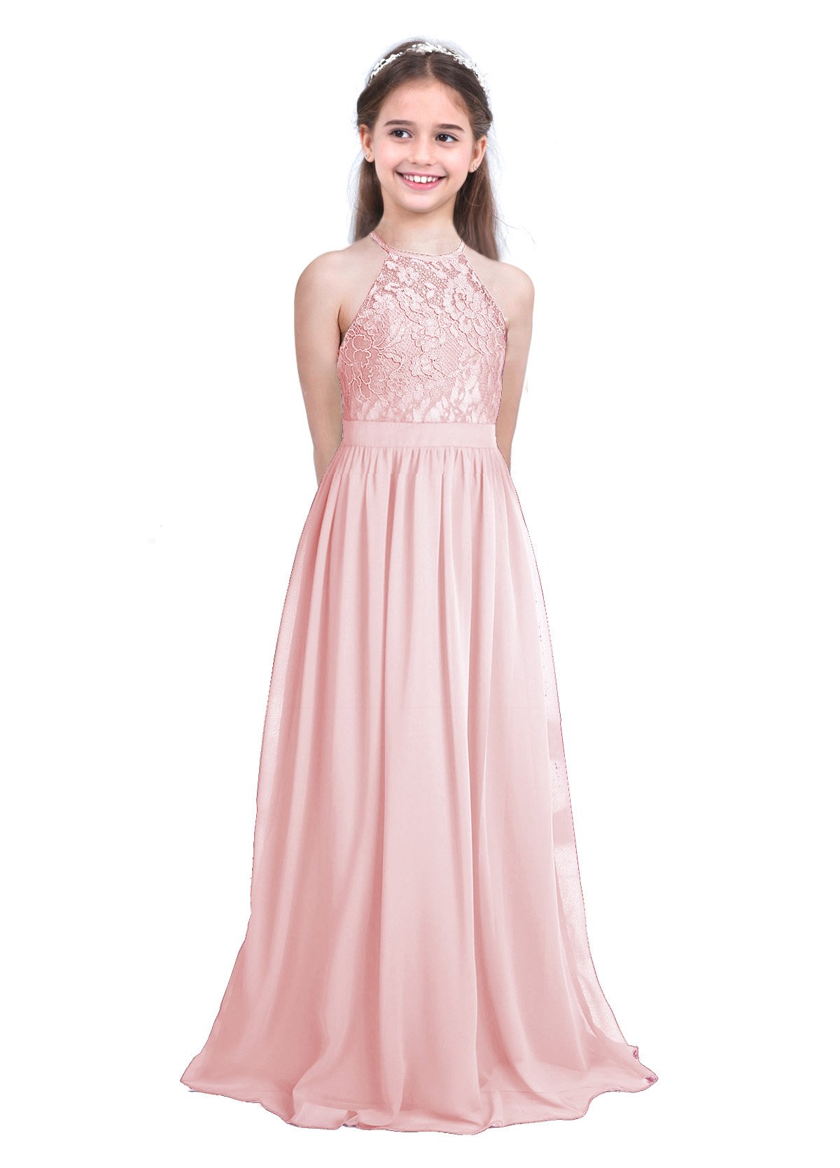 JEATHA Girls Lace Halter Neck Sleeveless Floral Dress - Flower Girl, Wedding Guest, Birthday Party Gown with Maxi Skirt | Perfect for Special Occasions, Pageants, and Formal Events
