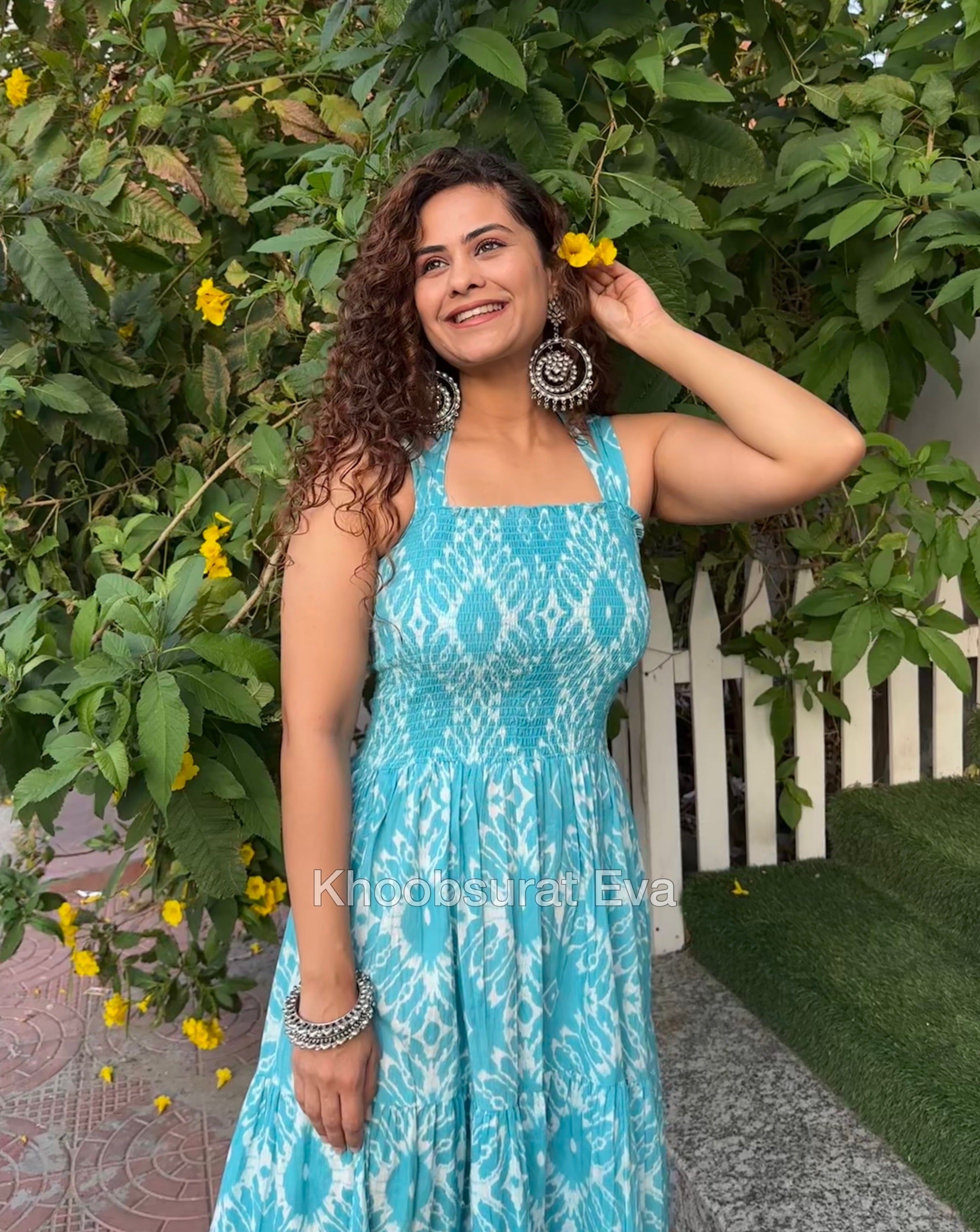 Blue Cotton Tiered Maxi Dress for Women - Flowy Boho Summer Dress with Pockets - Perfect for Beach, Vacation, and Casual Outings