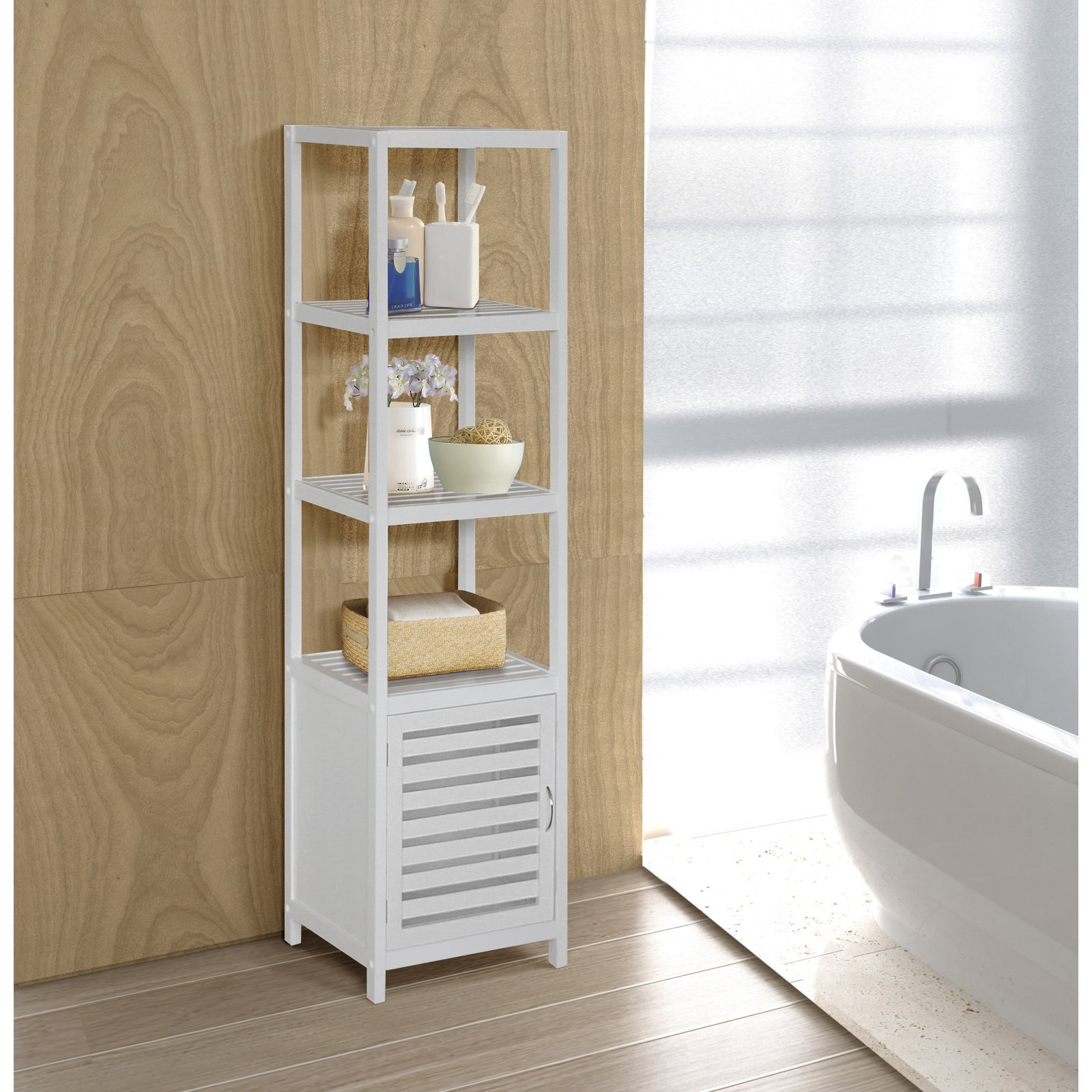Natural Spa Bamboo 5-Shelf Tower Cabinet - White Bathroom Storage Organizer for Towels, Toiletries & Spa Essentials - Perfect for Bathroom, Bedroom or Laundry Room Organization