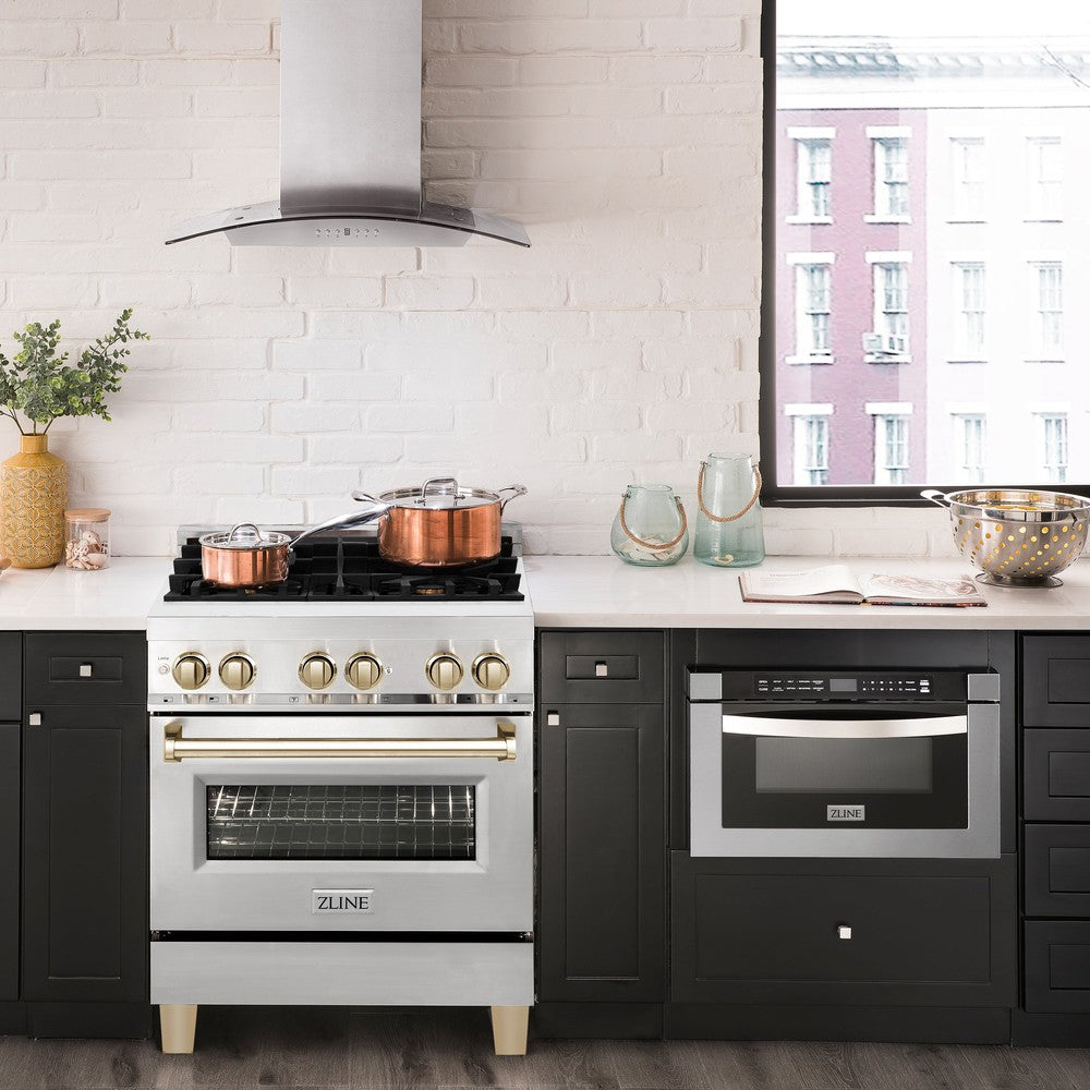 ZLINE RAZ 30 G 30-inch 4.0 cu.ft Dual Fuel Range - Stainless Steel Gas Stove with 4 Burners & Electric Convection Oven - Polished Gold Accents - Professional Kitchen Appliance for Home Chefs & Cooking Enthusiasts