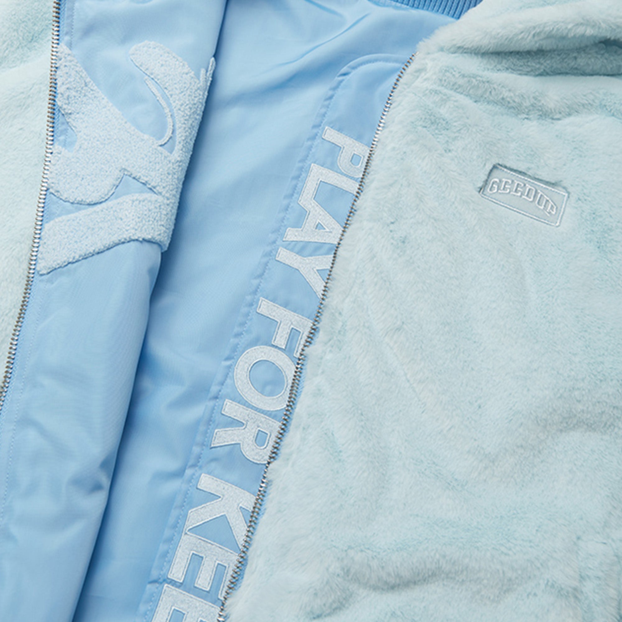 Geedup Handstyle Team Logo Light Blue Fur Jacket for Men & Women - Winter Fashion Outerwear for Streetwear & Urban Style (2024)