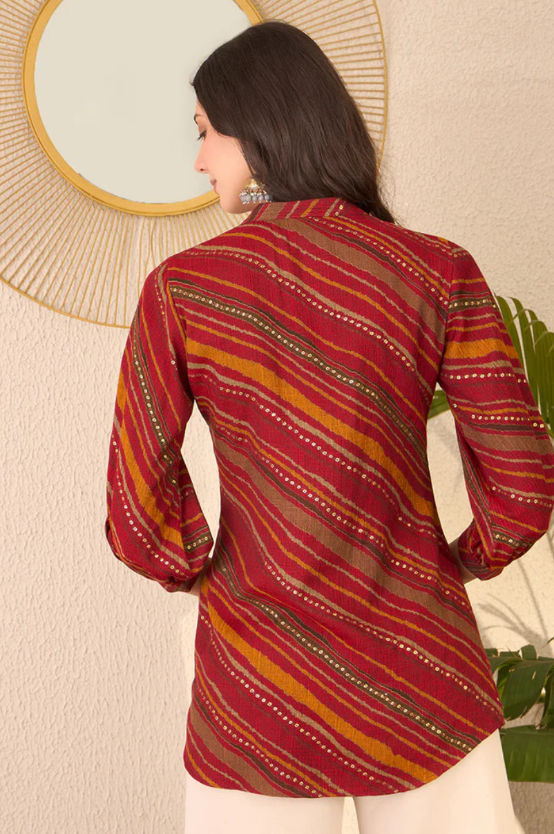 Stylish Red Cotton Blend Leheriya Printed Tunic Top for Women | Comfortable Casual Wear | Perfect for Summer Outfits, Beach Vacations & Boho Fashion