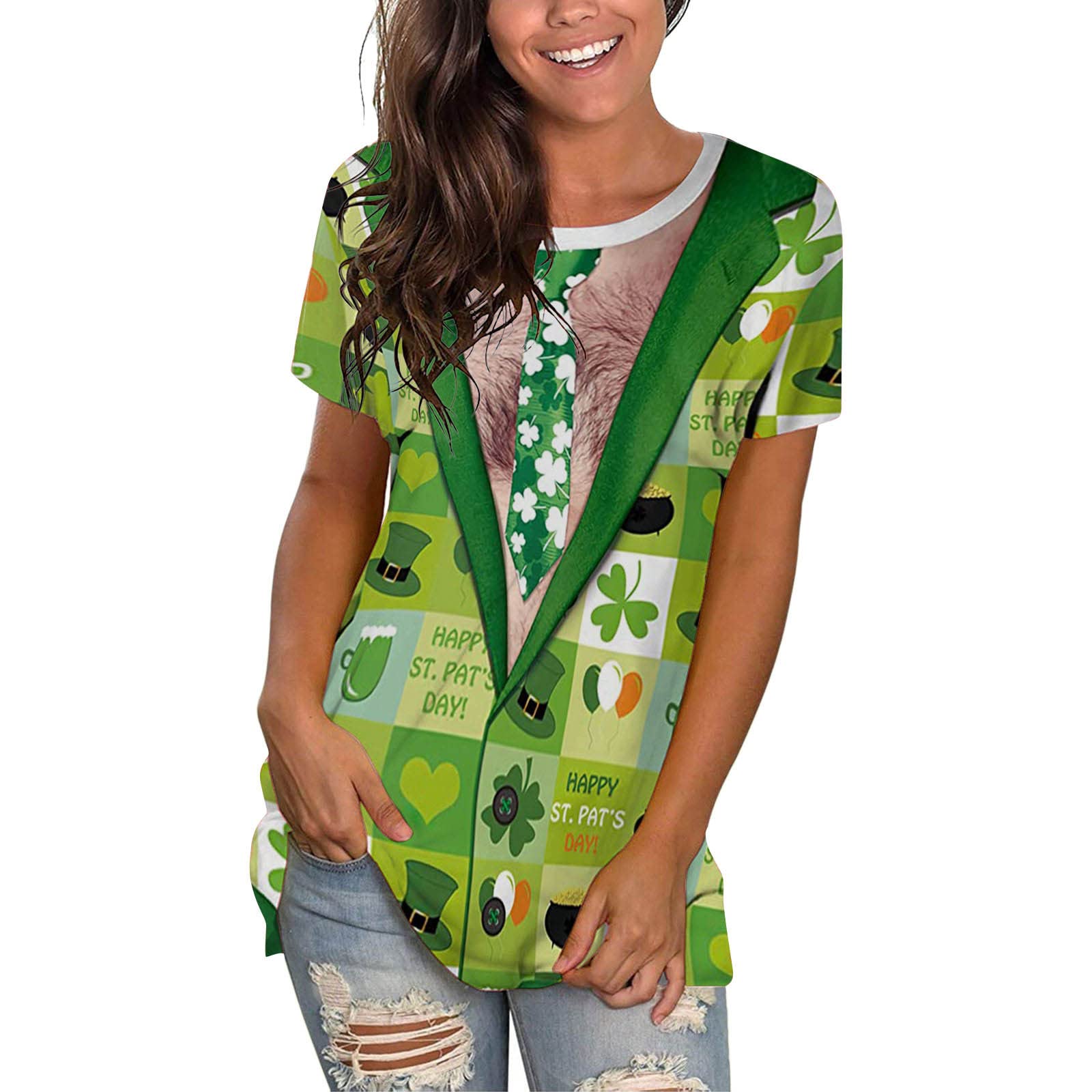 St. Patrick's Day Women's Short Sleeve V-Neck T-Shirt - Floral Printed Summer Top with Rolled Sleeves - Perfect for Irish Festivals, Pub Crawls & Spring Outfits