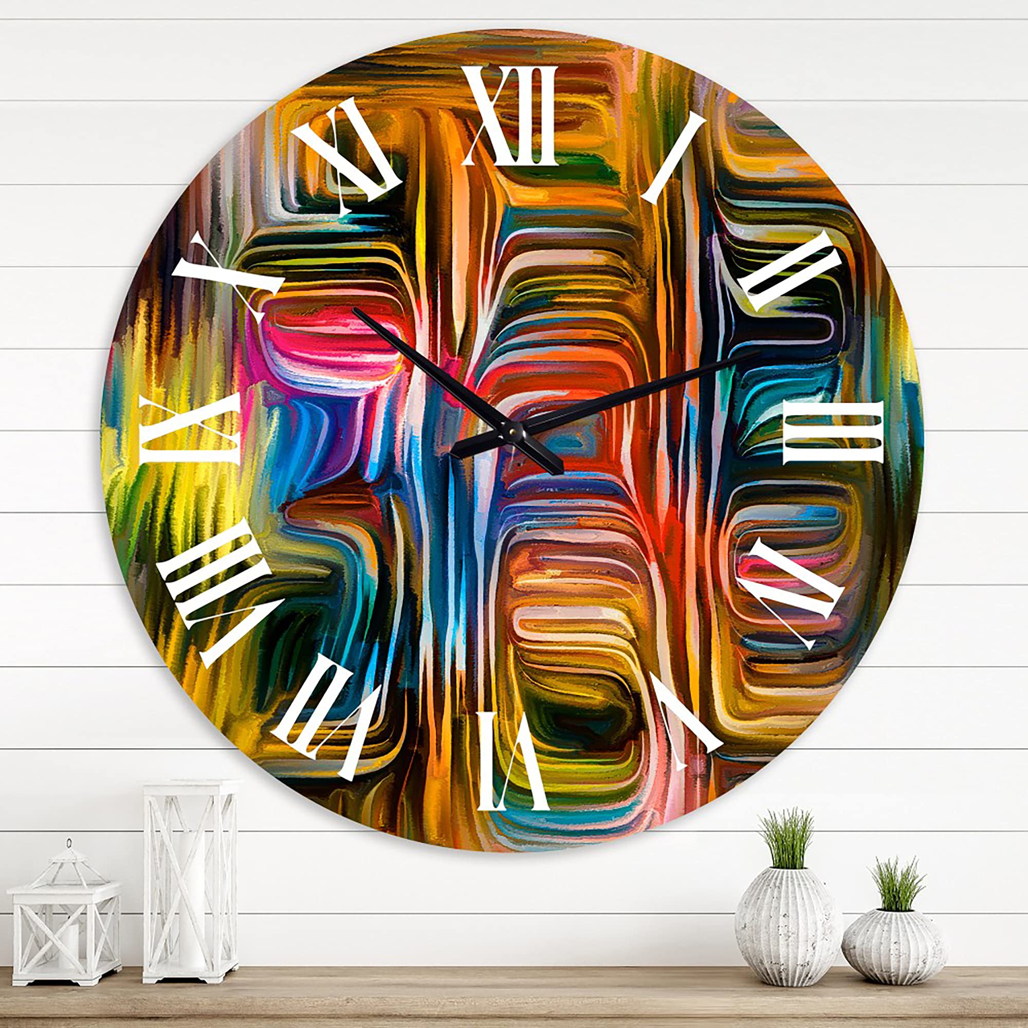 DesignQ Modern Wall Clock 'Colour Fusion II' - Large Abstract Fractal Wall Art Clock for Living Room, Bedroom & Office Decor | Silent Non-Ticking Home Decoration