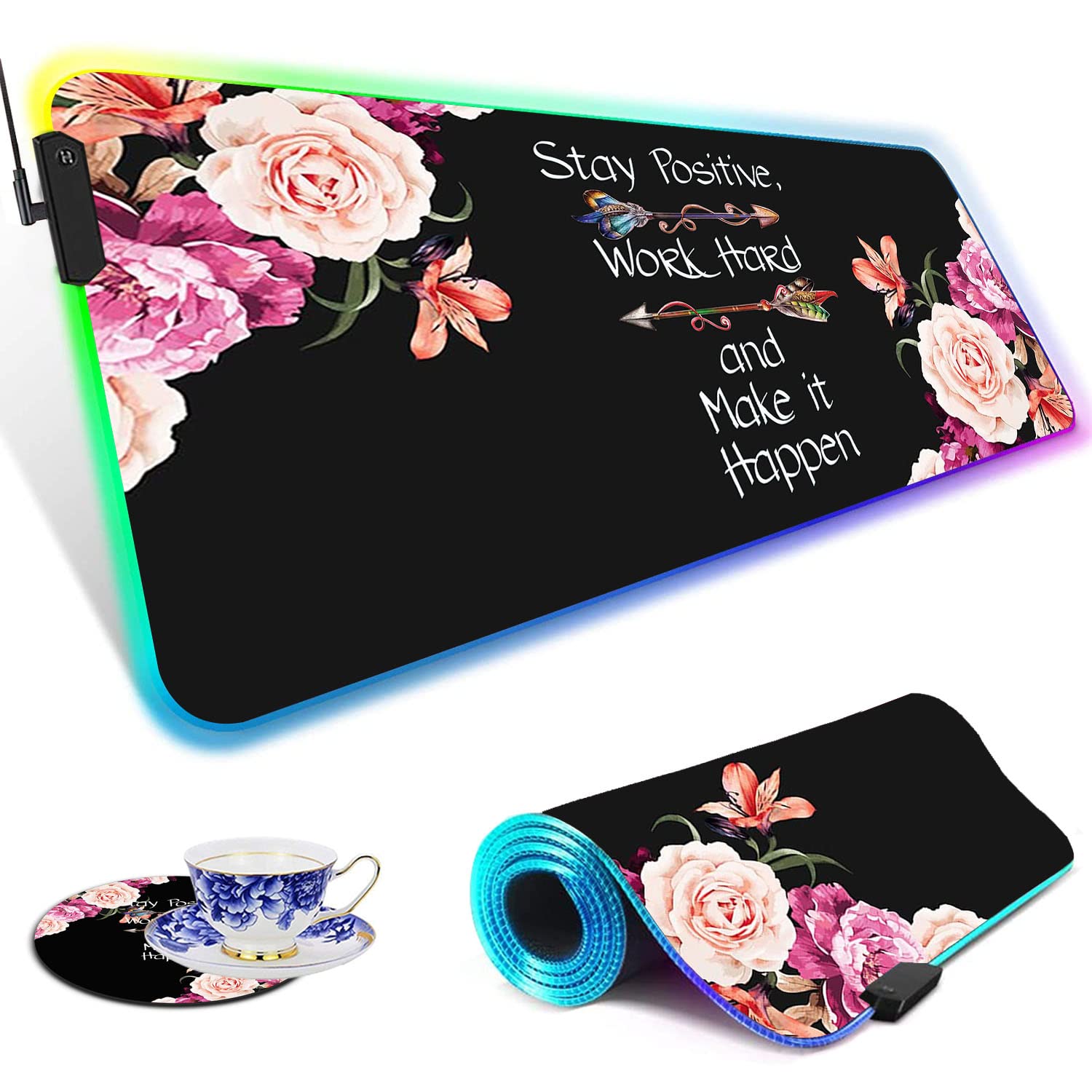 RGB Gaming Mouse Pad - Large LED Light-Up Desk Mat with Non-Slip Base | Perfect for PC Gaming, Office Work & Streaming Setup | Peony Floral Design Motivational Quote 
