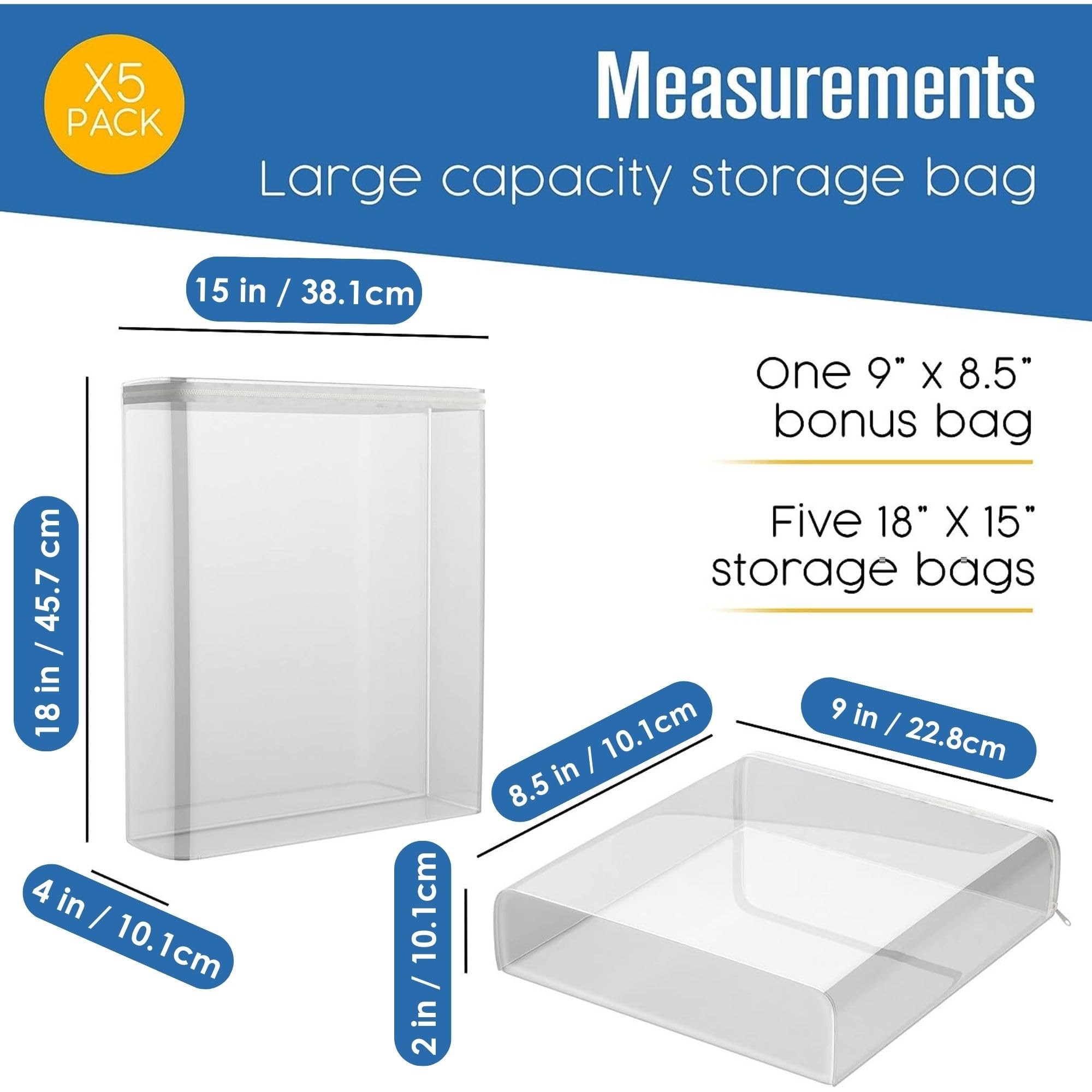 Houseables Clear Zippered Plastic Storage Bags for Clothes, Blankets, Bed Sheets & Linens - 18x15 Inch Moth-Proof Vinyl Garment Bags (5-Pack) - Perfect for Seasonal Storage, Travel & Closet Organization