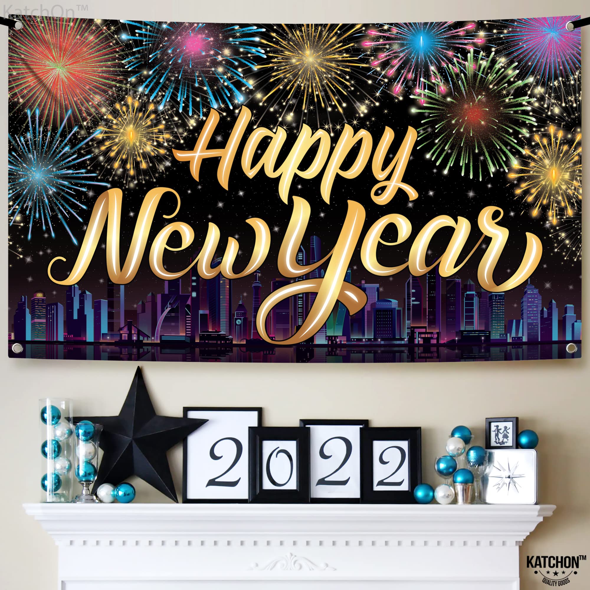 KatchOn Extra Large Happy New Year Banner - 72x44 Inch NYE Decorations 2025 | Firework New Year Backdrop for Party Supplies | Perfect for New Year's Eve Celebrations, Home Decor, and Photo Booths