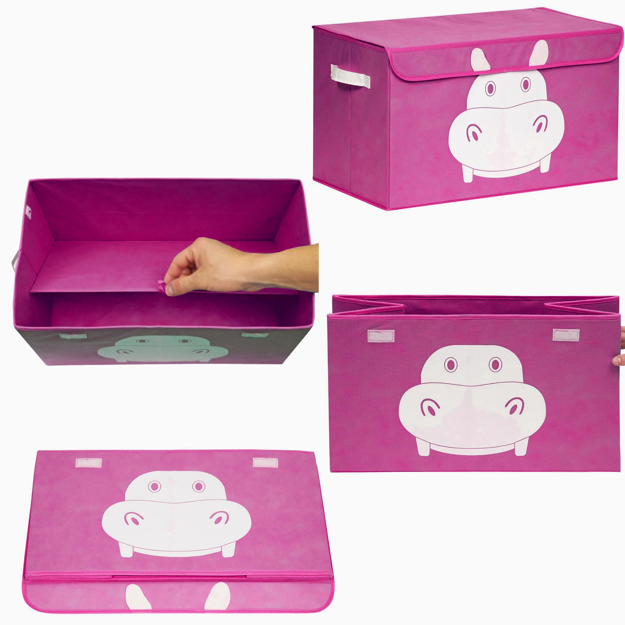 QUOKKA 4-Piece Hippo Toy Storage Box Set for Kids - Foldable Fabric Toy Organizer with Handles & Flip Top Lids (16