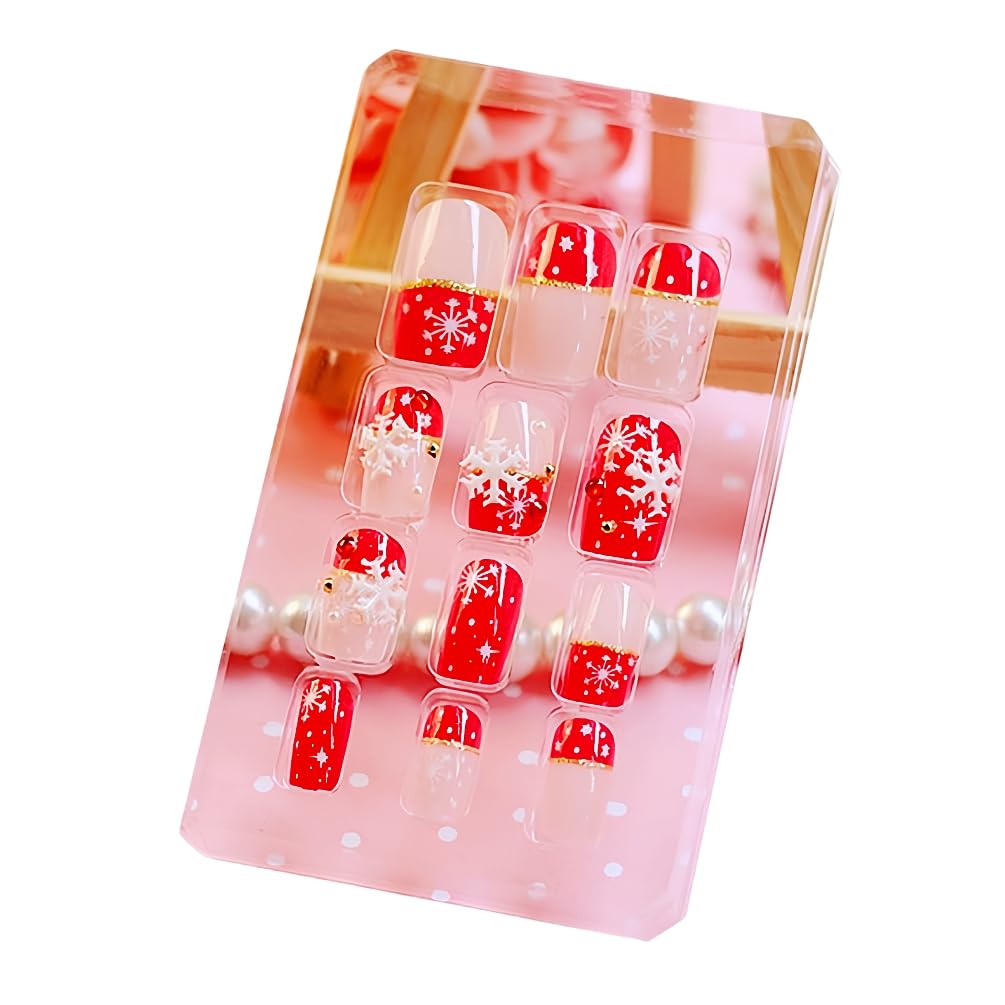 24pcs Christmas Press On Nails with Glue - 3D Snowflake French Tip Fake Nails in Red & Pink for Women & Girls | Holiday Party & Gift Idea