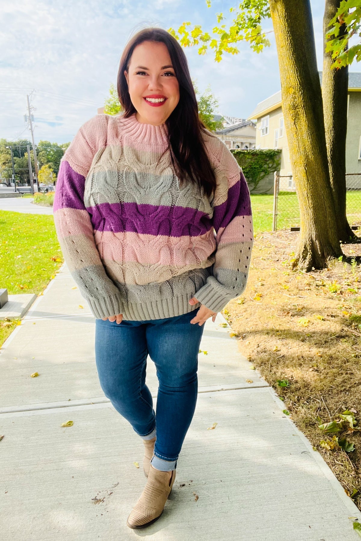 Fall For You Mauve Multicolor Stripe Cable Knit Mock Neck Sweater | Women's Cozy Winter Pullover | Perfect for Christmas, Holiday Parties & Casual Outings