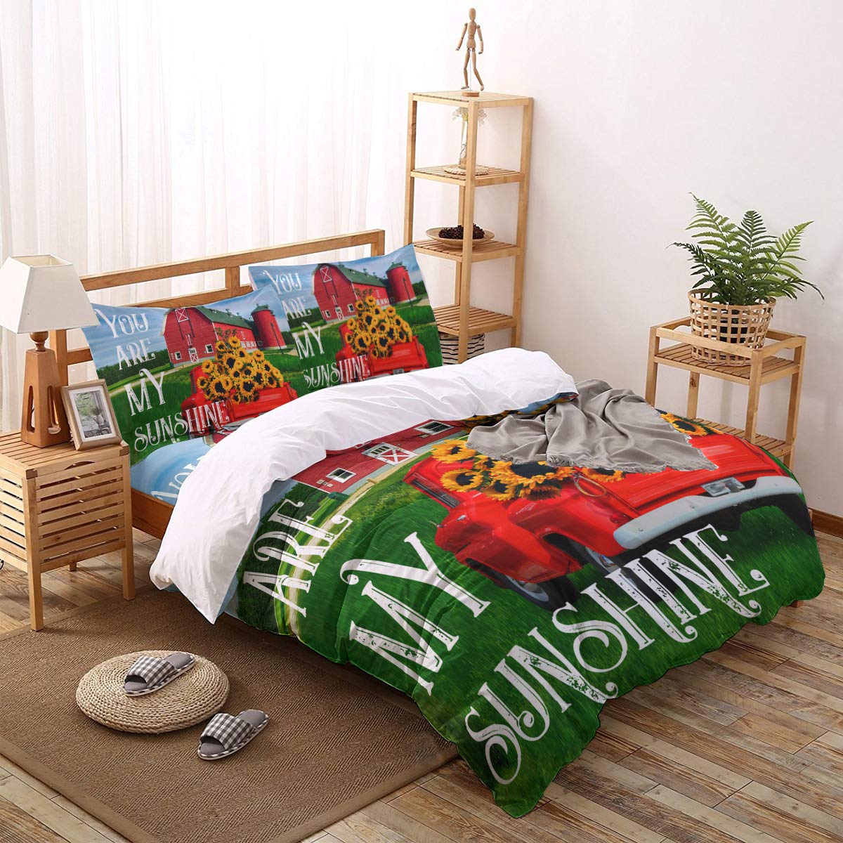 You Are My Sunshine Red Truck with Sunflower Queen Comforter Set - 4 Piece Lightweight Microfiber Duvet Cover & Soft Bedding Set for Adults & Teens - Farmhouse Red Barn Country Decor for Cozy Bedroom Retreat