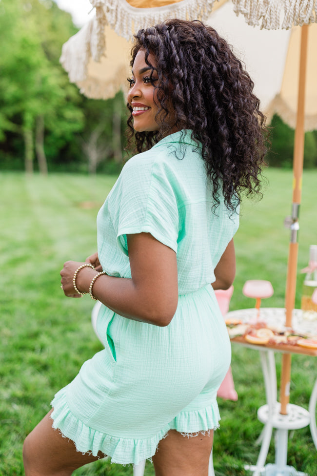 Stop and Stare Mint Green Flutter Hem Collared Romper - Women's Summer Jumpsuit with Short Sleeves | Perfect for Beach Vacations, Brunch Dates & Casual Outings
