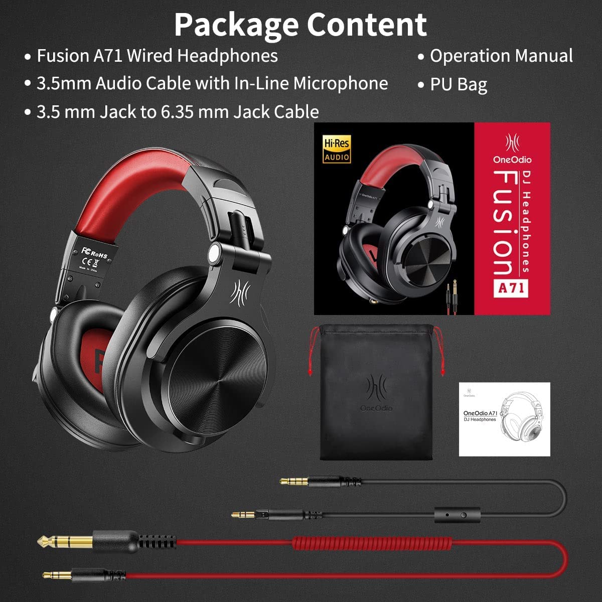 OneOdio Professional DJ Headphones - Studio Monitor Headphones with Stereo Bass Sound, Foldable Over-Ear Wired Headset with Mic for Mixing, Recording, Electric Drums, Keyboard & Guitar Amplifier - Perfect for Music Production, Podcasting & Gaming