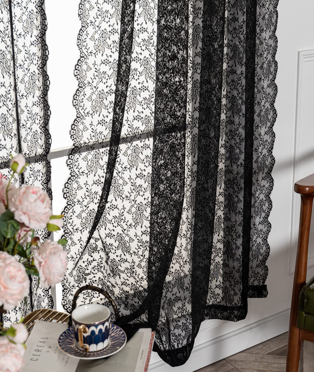 Black Lace Sheer Window Curtains 52x63 Inch - Vintage Floral Knitted Semi-Sheer Rod Pocket Curtains for Kitchen, Cafe, Dining & Bathroom (2-Pack) - Elegant Home Decor for Windows, French Doors & Cozy Spaces