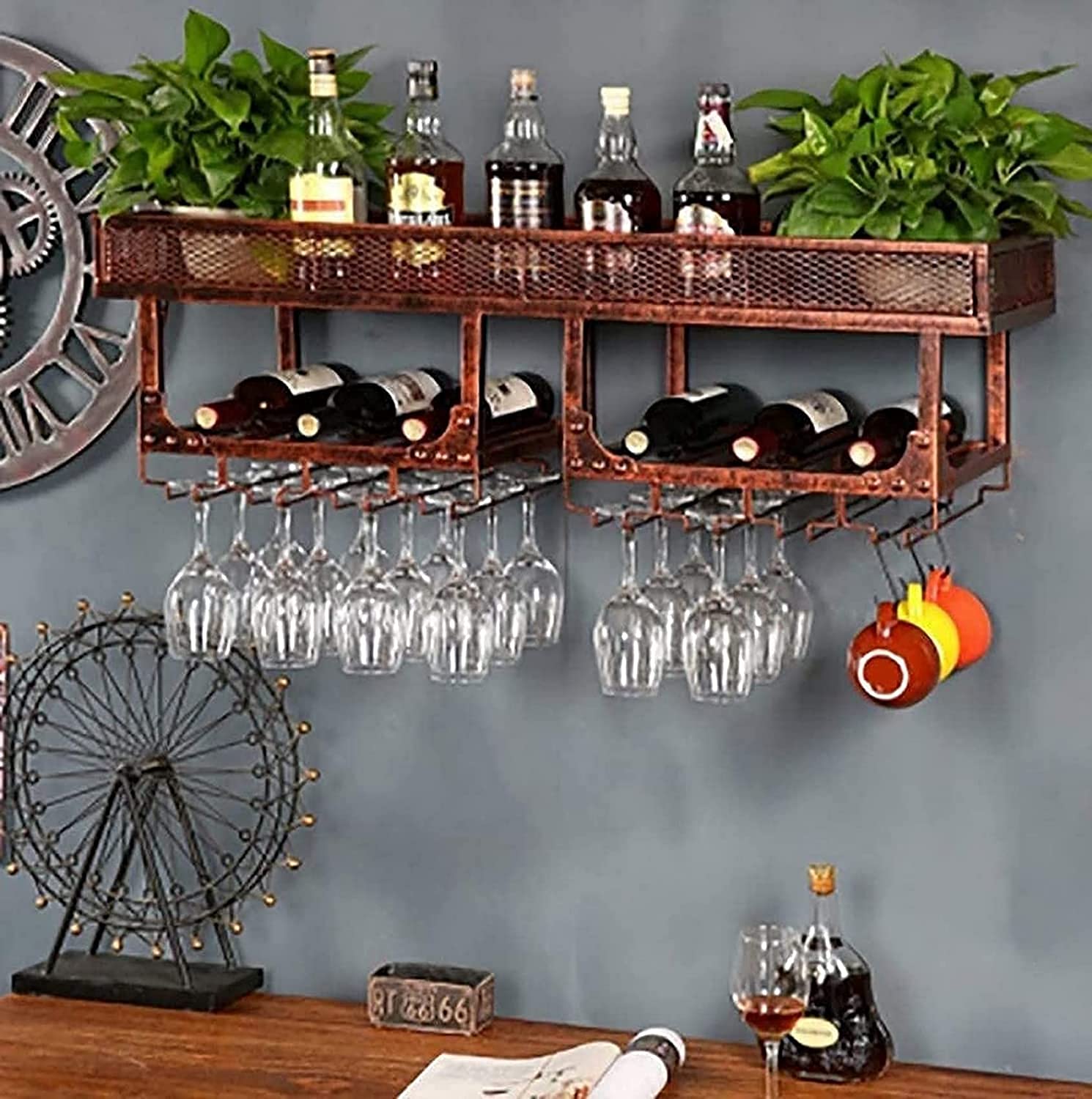 Vintage Wall-Mounted Wine Rack & Hanging Glass Holder - Black (80X35Cm or 100X35Cm) | Space-Saving Wine Bottle Storage for Kitchen, Bar, or Dining Room Decor