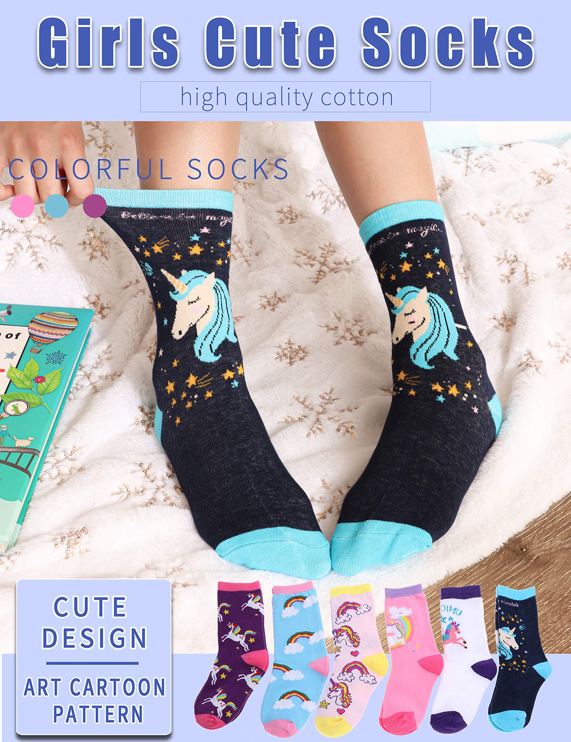 Anlisim Girls Socks 6 Pack - Cute Animal Pattern Cartoon Novelty Fashion Socks - Soft Cotton Crew Socks for Kids - Perfect for School, Playdates & Everyday Wear