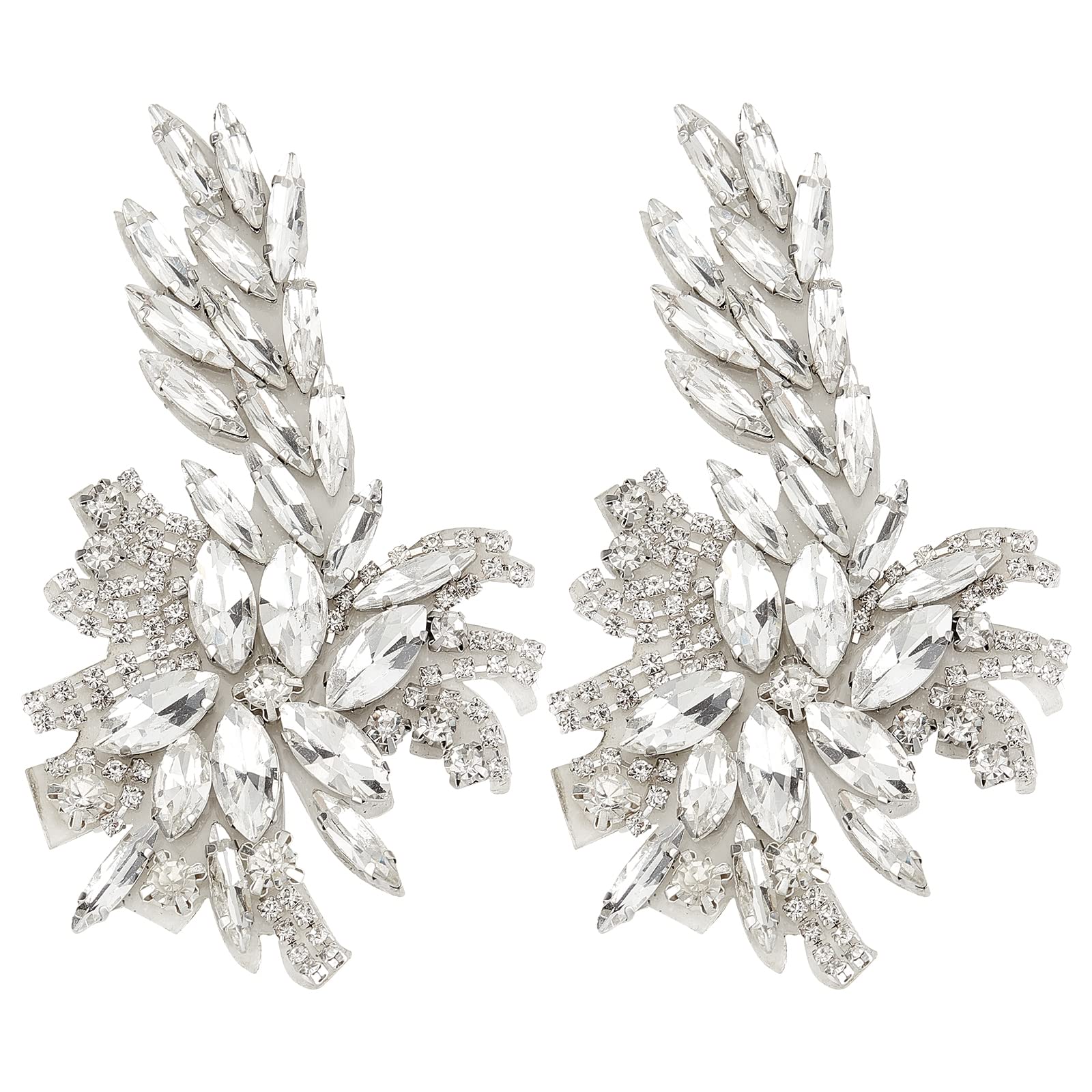 FINGERINSPIRE 2PCS Platinum Flower Crystal Applique Patch (3.9x2.2 Inch) - Sew-on Rhinestone Embellishments for Wedding Dresses, Bridal Belts, Costumes & DIY Crafts - Perfect for Evening Gowns, Prom Dresses and Shoe Decoration
