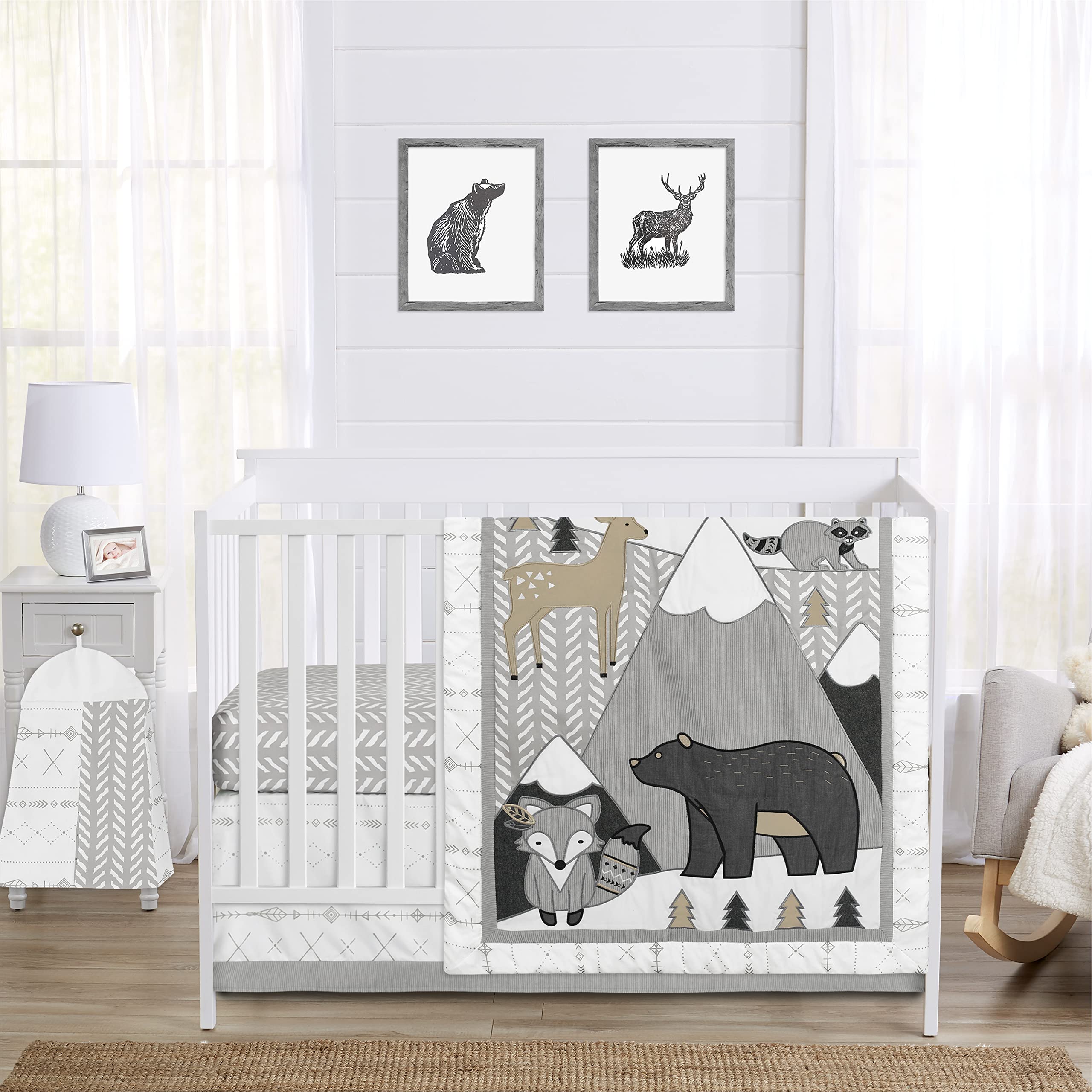 Sweet Jojo Designs Boho Mountain Animal Nursery Crib Bedding Set - 4 Piece Woodland Forest Theme with Deer, Fox & Bear - Beige, Grey & White Unisex Baby Bedding for Boys & Girls - Perfect for Nursery Decor, Baby Shower Gifts & Cozy Crib Setup