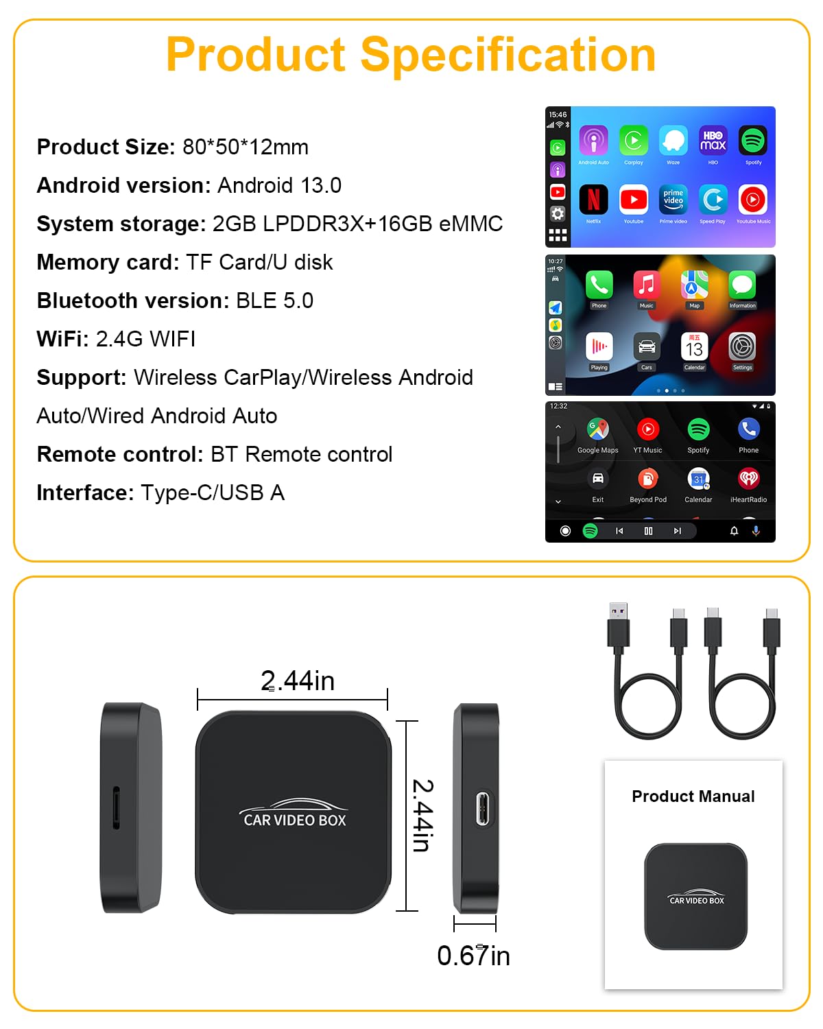 5-in-1 Wireless CarPlay Adapter with Netflix & YouTube - 2025 Wireless CarPlay & Android Auto Dongle - Convert Wired to Wireless - Magic CarPlay AI Box for iPhone/Android - Perfect for Road Trips & In-Car Entertainment