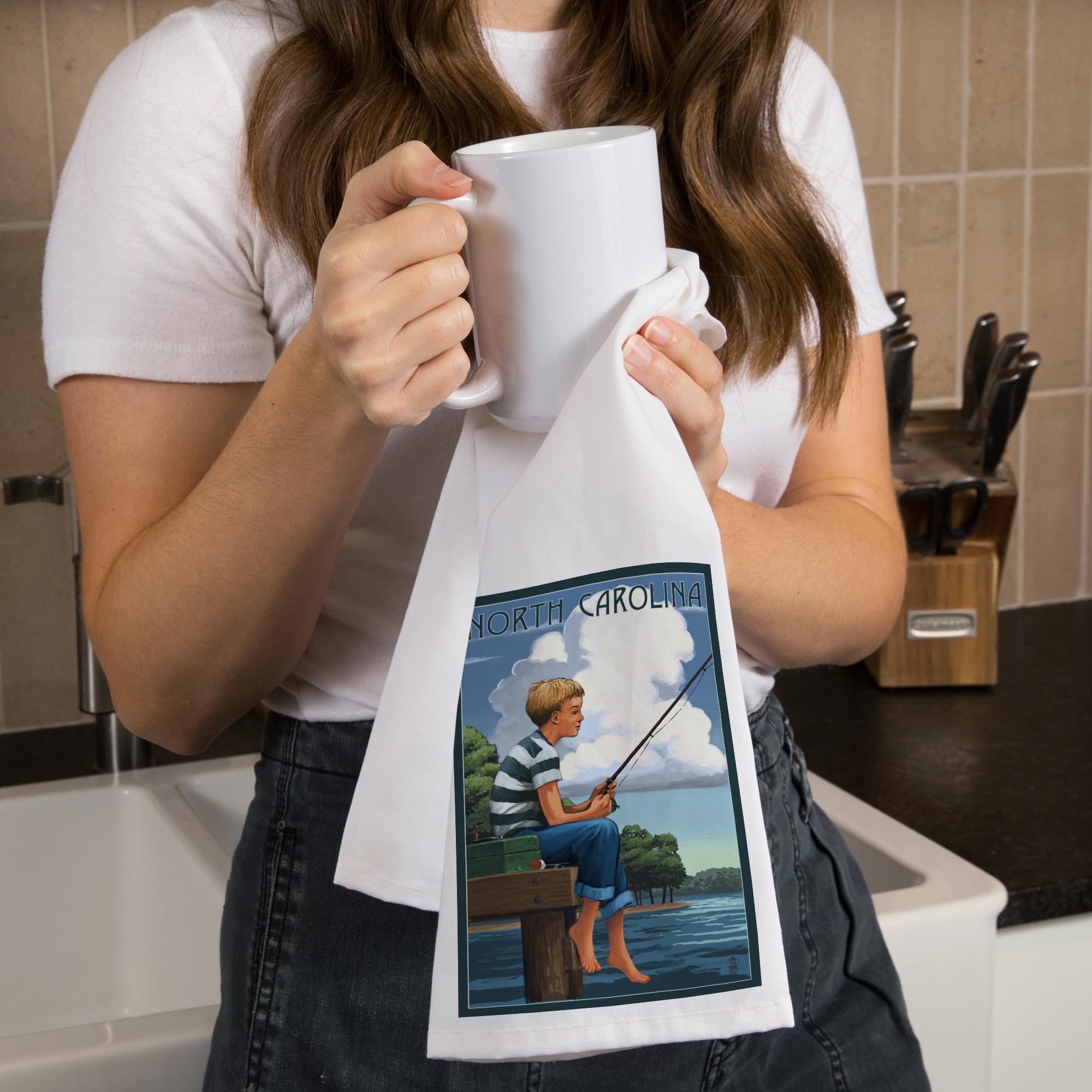 Lantern Press North Carolina Boy Fishing - 100% Cotton Tea Towel, Decorative Hand Towel for Kitchen, Bathroom & Home Decor | Perfect for Dish Drying, Wall Art & Gift Giving