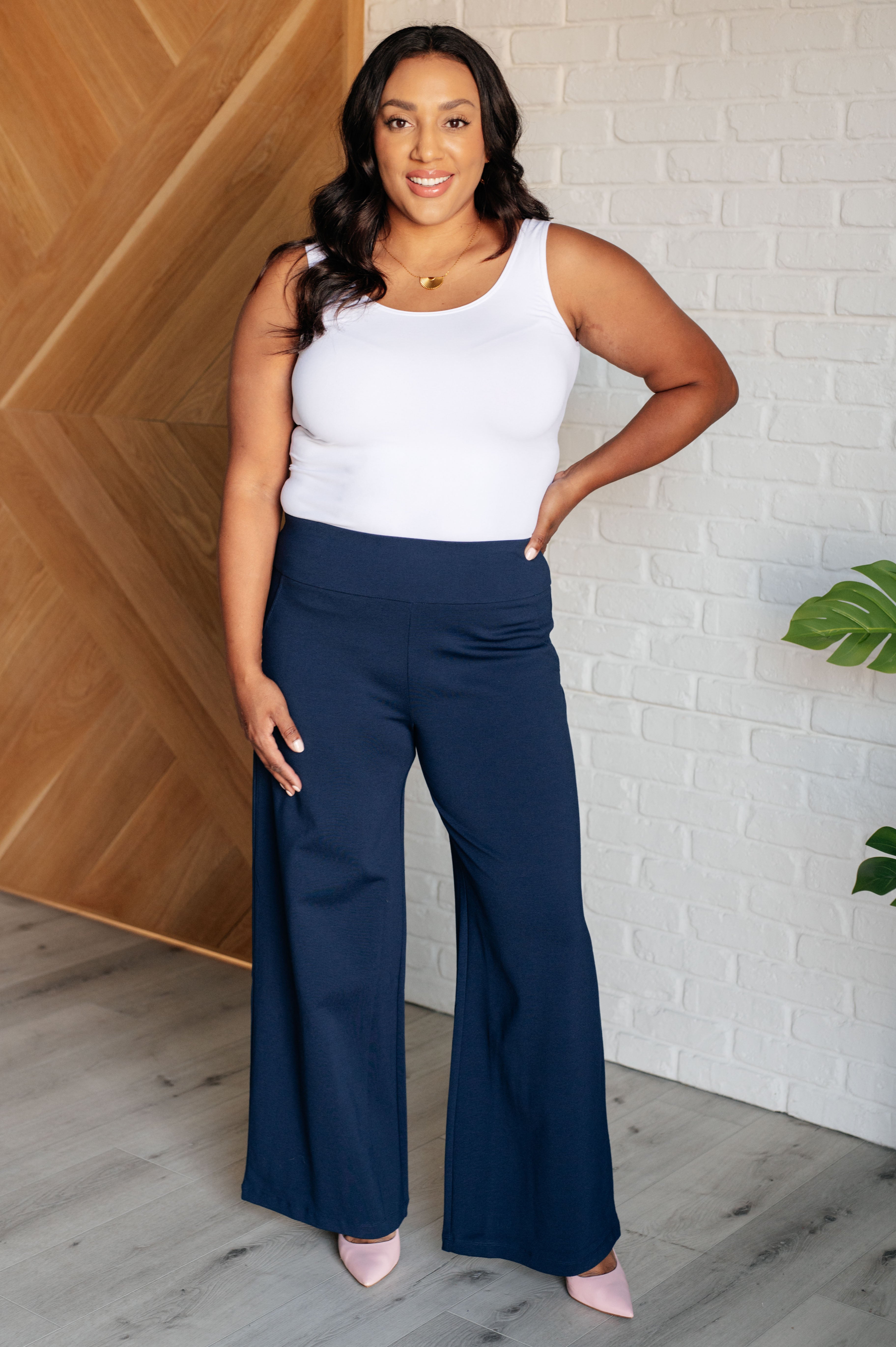 Women's Stretchy High Waist Wide Leg Pants - Navy Blue Comfortable Lounge & Work Pants for Casual Outfits & Office Wear