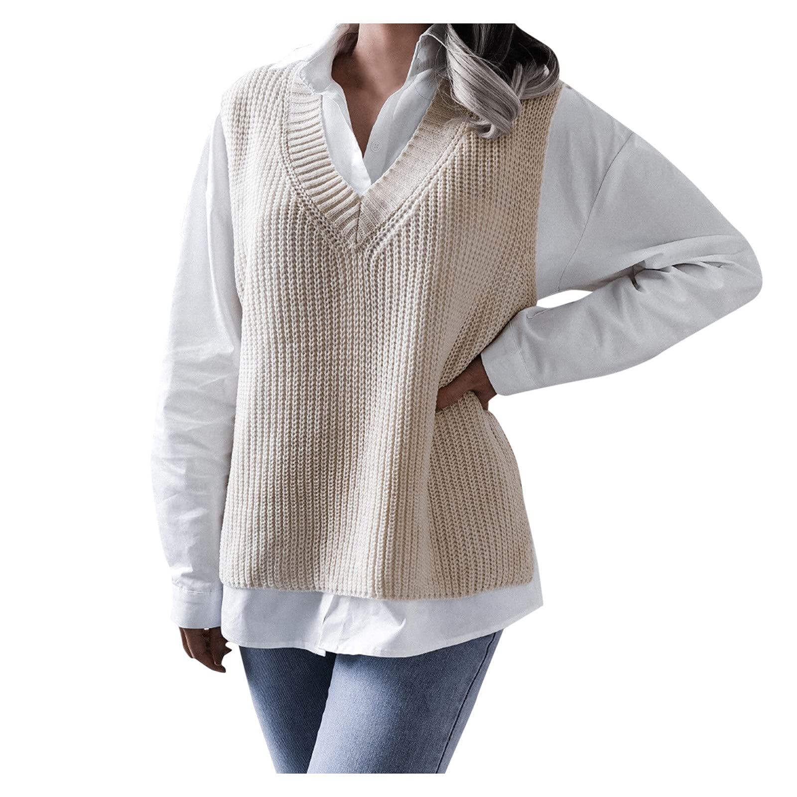 Women's V Neck Knit Sweater Vest - Oversized Casual Pullover for Layering