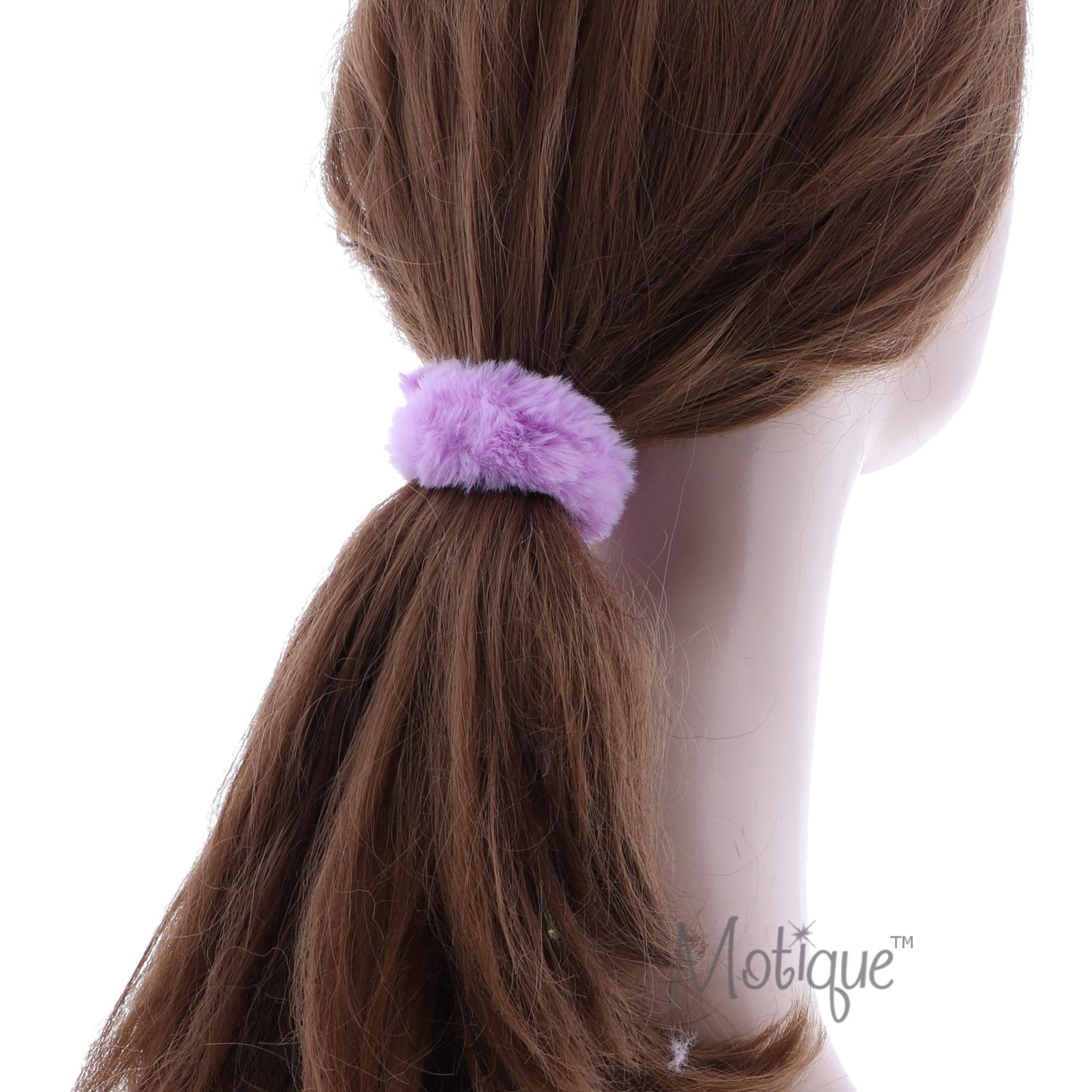 Small Fuzzy Fur Scrunchies Furry Pony Holder - Set of 10 Light Purple Hair Ties for Girls, Women, Ballet, Dance, Gym, and Everyday Style