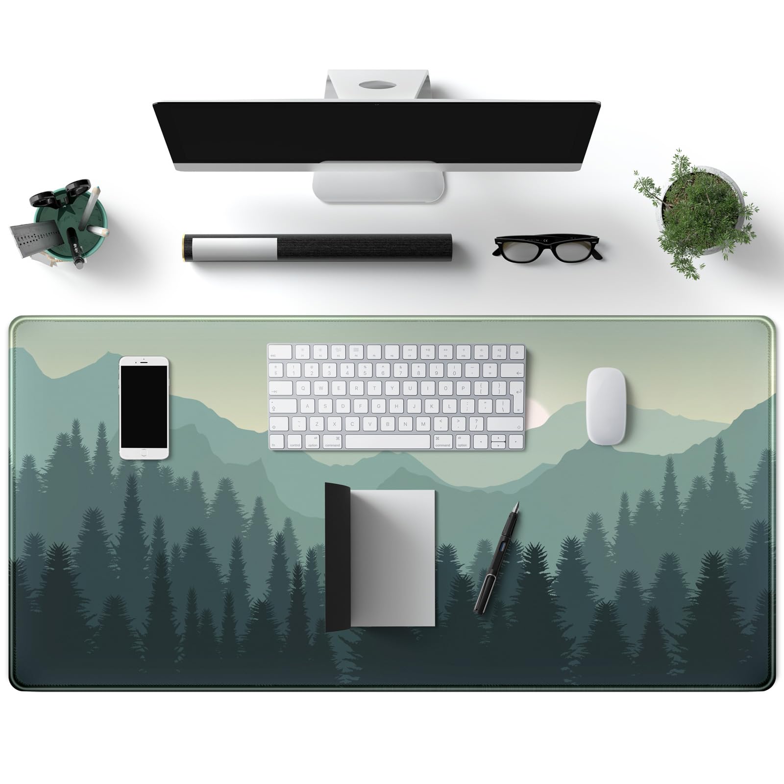 XXL Forest Green Gaming Mouse Pad - 31.5x15.7 Inch Extended Desk Mat with Sunset Mountains Landscape for Keyboard & Computer | Perfect for Office, Gaming & Home Workspace