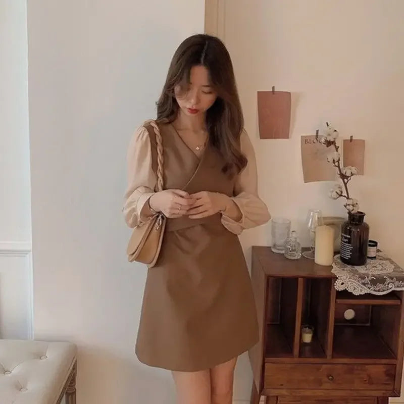 Vintage Retro Autumn Chiffon Mini Dress for Women - Long Sleeve Casual Short Dress Korean Kpop Fashion - Perfect for Office Wear, Dating & Fall Outfits