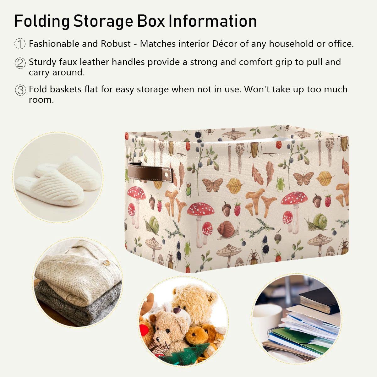Collapsible Waterproof Mushroom Storage Basket - Rectangle Foldable Bin for Nursery Toys, Books & Closet Shelves | Perfect for Kids' Room Organization & Bedroom Decor