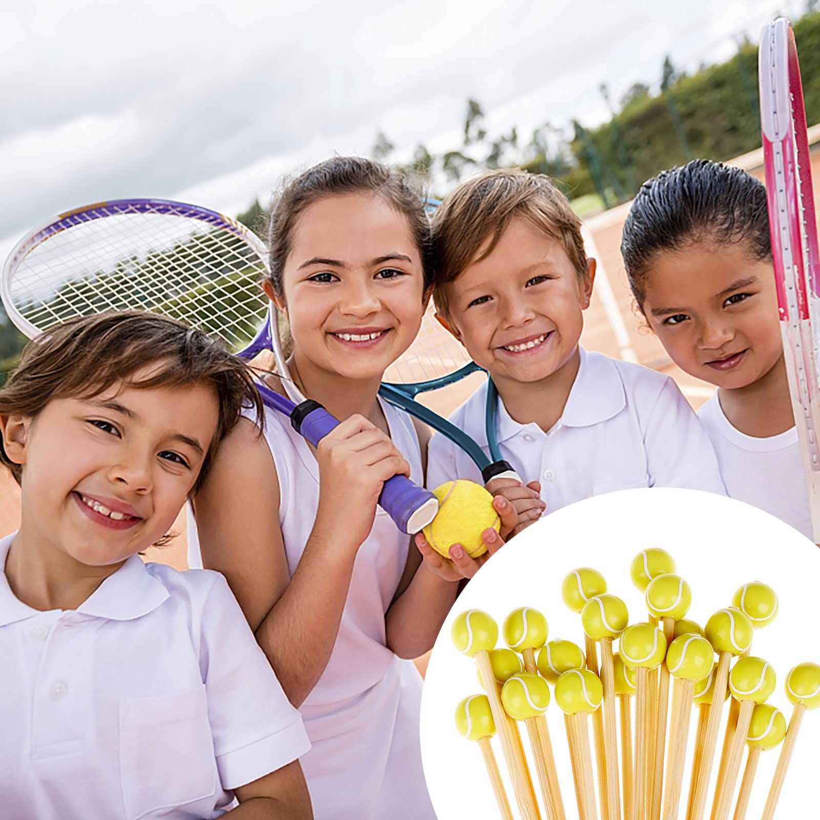 100-Piece 4.7 Inch Bamboo Cocktail Picks with Sports Ball Ends - Wooden Decorative Skewers for Appetizers, Fruits, and Party Foods - Perfect for Tennis Themed Parties, BBQ Gatherings, and Wedding Receptions