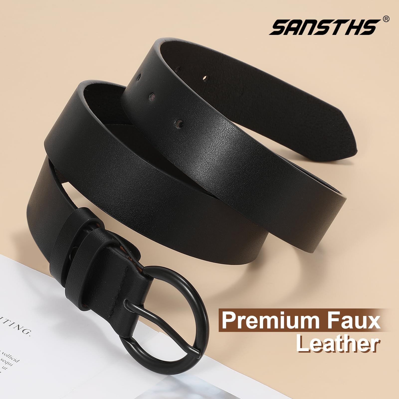 SANSTHS Women's Black Leather Belt with Gold Buckle - Stylish Dress Belt for Jeans & Pants | Perfect for Office, Casual Wear & Everyday Outfits