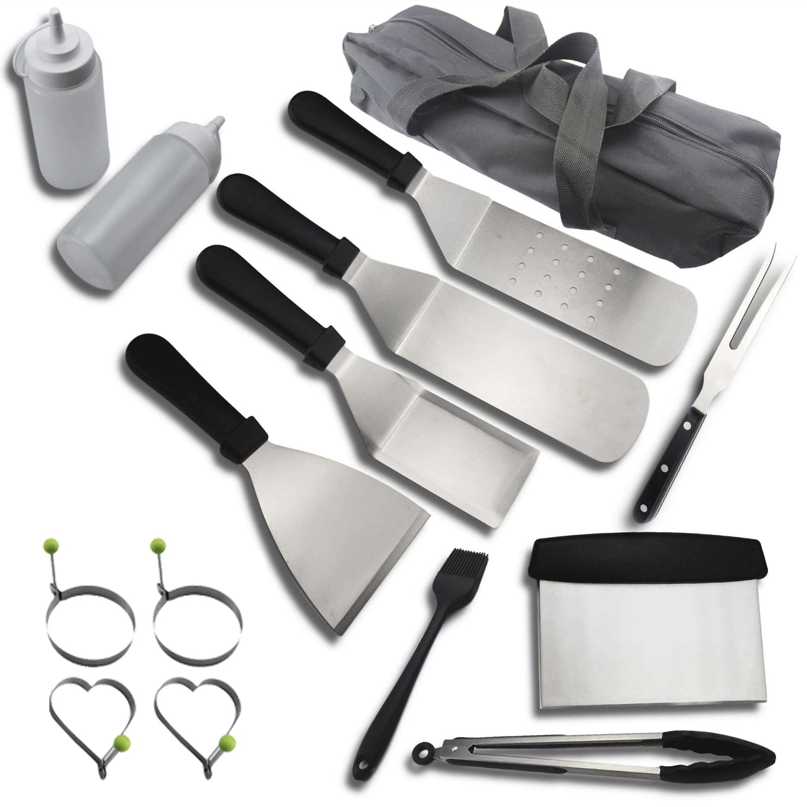 15-Piece Professional BBQ Grill Tools Set - Stainless Steel Griddle Accessories Kit with Spatula, Tongs & More | Perfect for Outdoor Grilling, Backyard BBQs & Camping Cookouts | Great Gift for Grill Masters