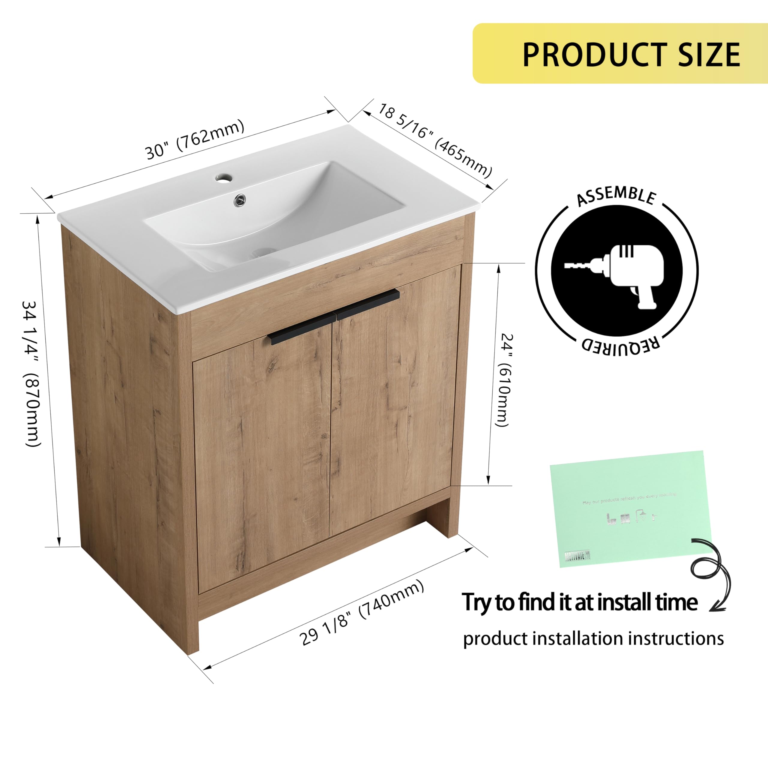 30 Inch Modern Freestanding Bathroom Vanity Set with Sink - Single Sink Bathroom Cabinet in Brown Finish - Perfect for Small Bathrooms, Powder Rooms & Apartment Remodels