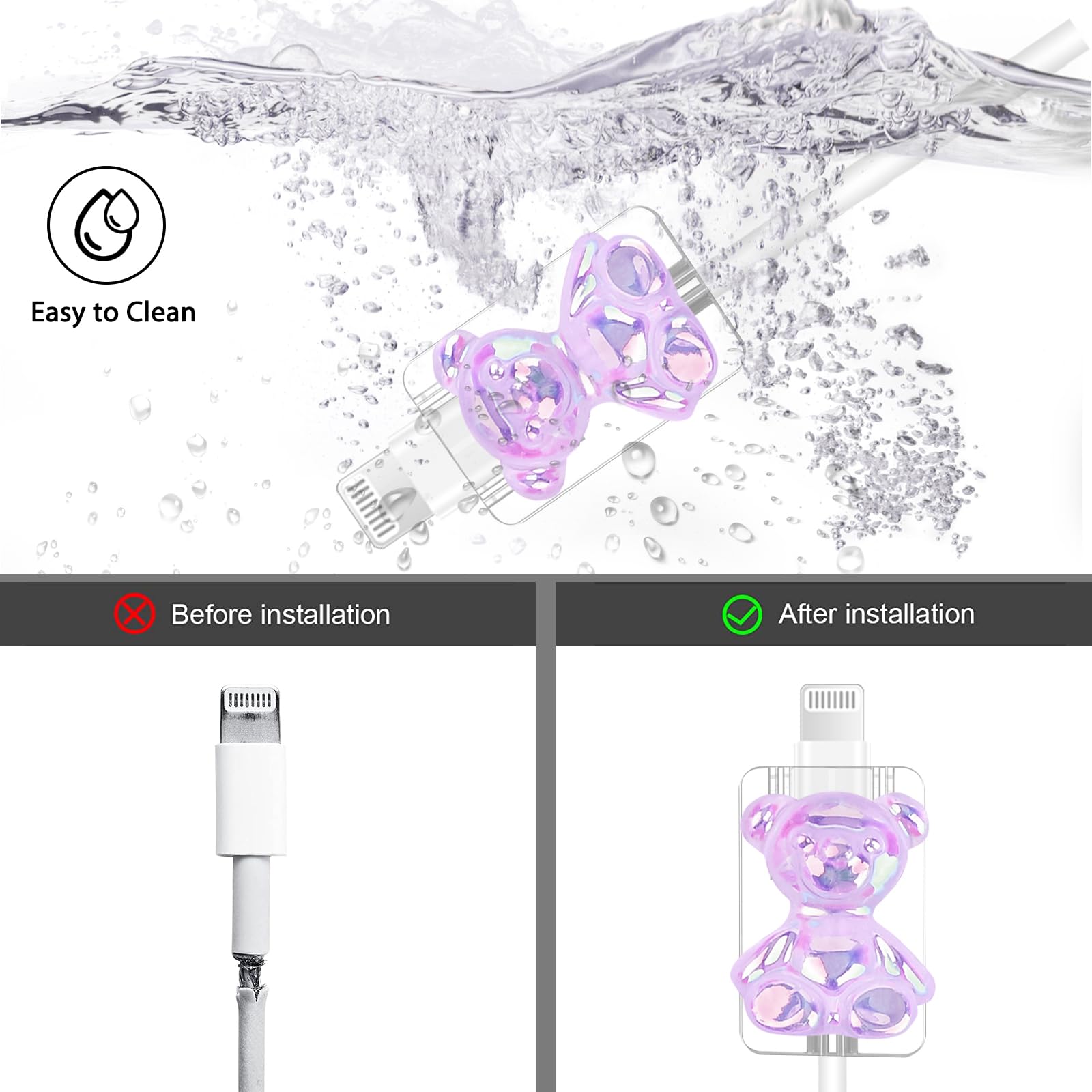 DiyGody 4-Pack 3D Cartoon Bear Cable Protector for iPhone & Android - Cute Shiny Bear Design, Universal Fit for USB-C & Lightning Cables - Perfect for Home, Office & Travel Accessories