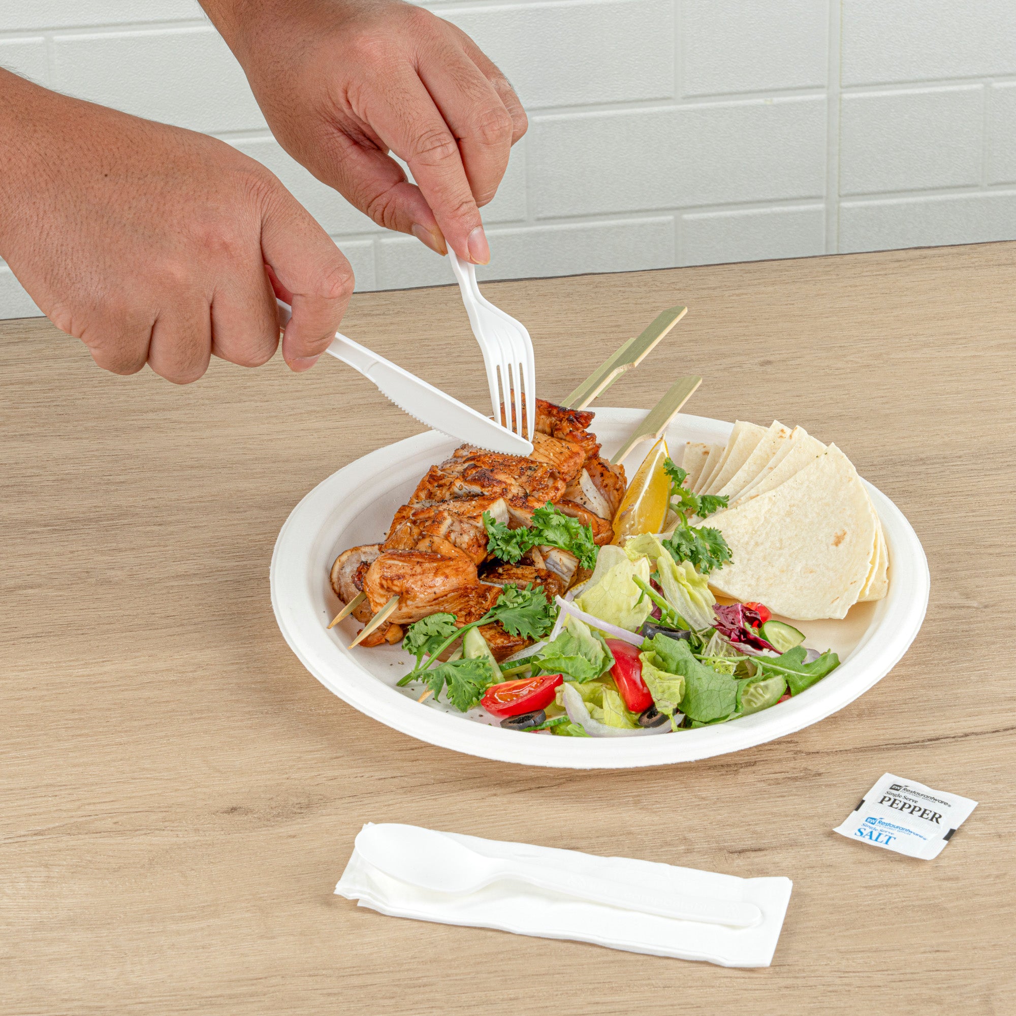 Eco-Friendly White PLA Compostable Cutlery Set with Napkins & Salt/Pepper Packets - 250 Count Box (6.25