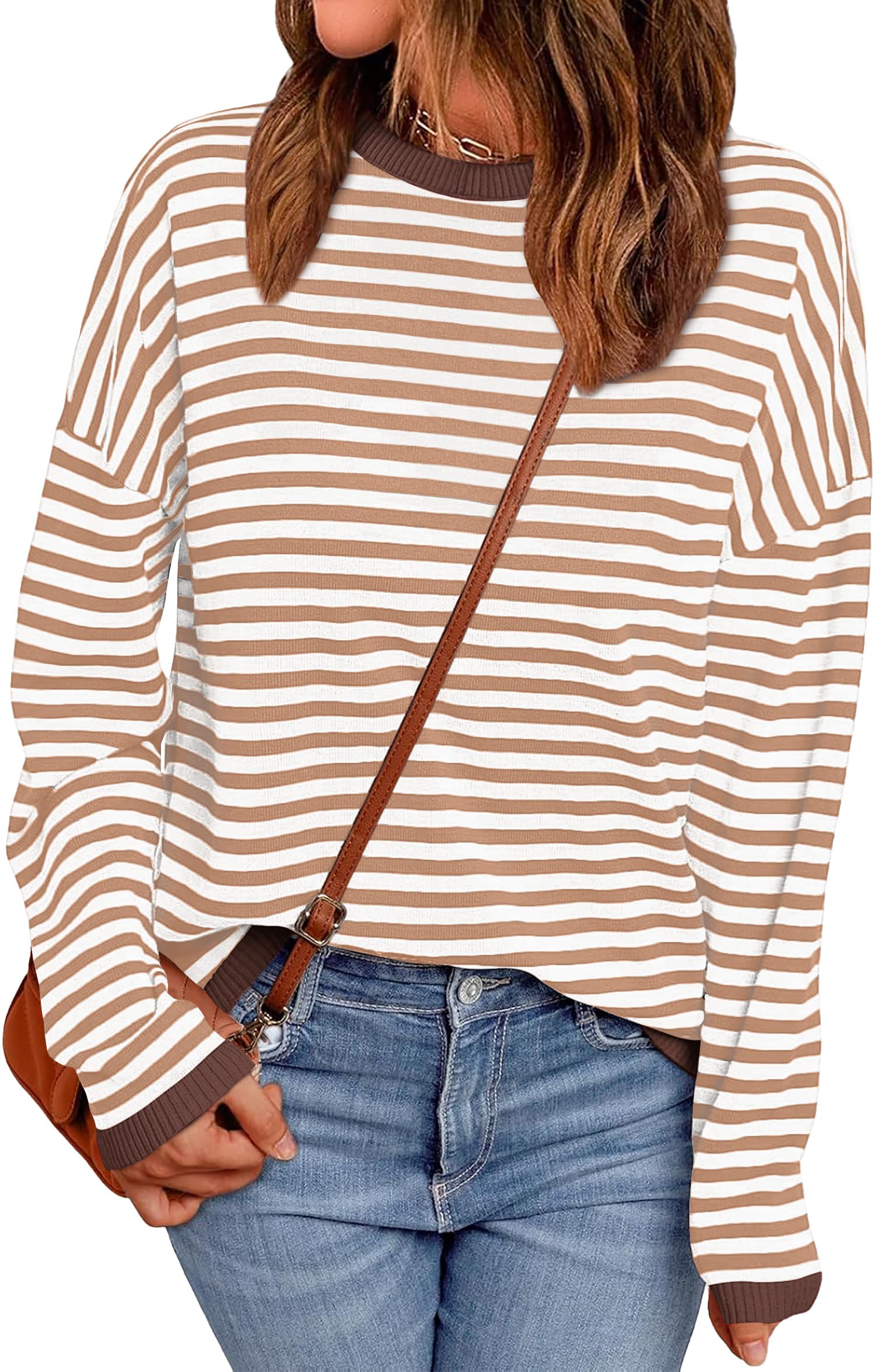 WIHOLL Women's Striped Long Sleeve Sweater Top - Round Neck Casual & Dressy Pullover for Work, Date Night & Fall Outfits | Fashion Knitwear for Women
