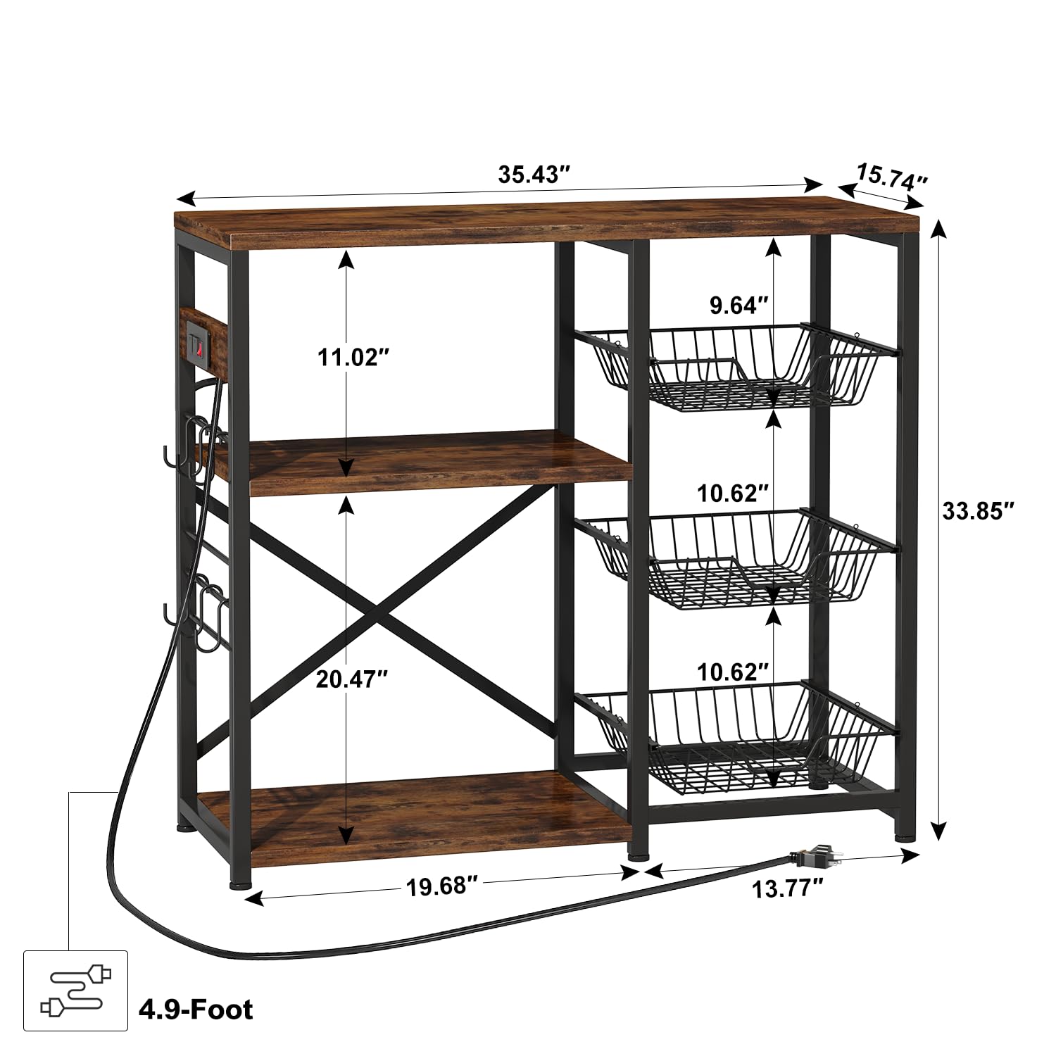 Homeiju Kitchen Island with Power Outlet | Rustic Brown Baker's Rack & Microwave Stand | Coffee Bar Station with 3 Removable Wire Baskets | Kitchen Storage Organizer with 6 S-Hooks for Spices, Pots & Pans | Perfect for Small Kitchens, Apartments & Coffee Stations