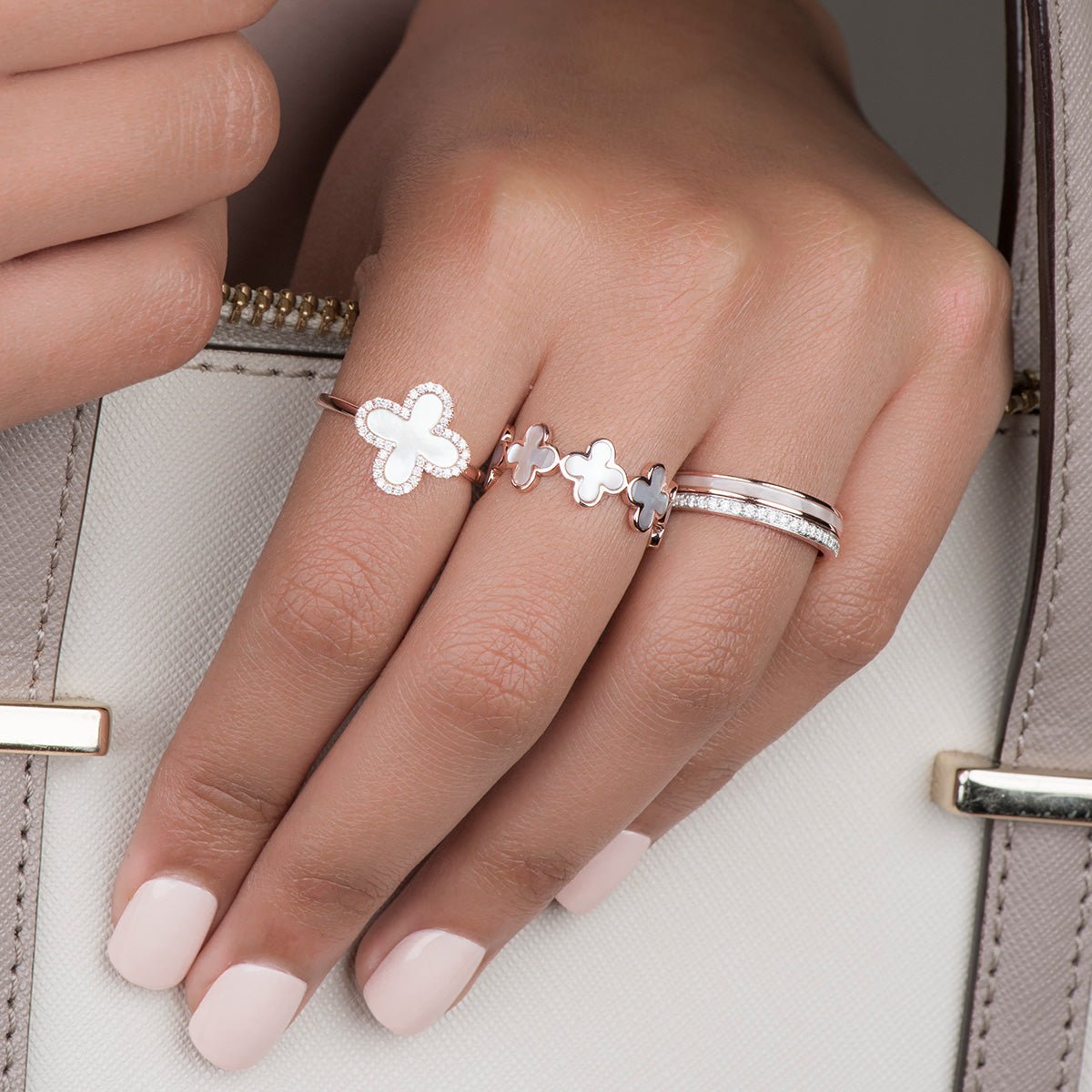 14k Rose Gold Mother of Pearl Clover Eternity Ring - Elegant Four Leaf Clover Jewelry for Women - Perfect for Anniversaries, Weddings & Special Occasions