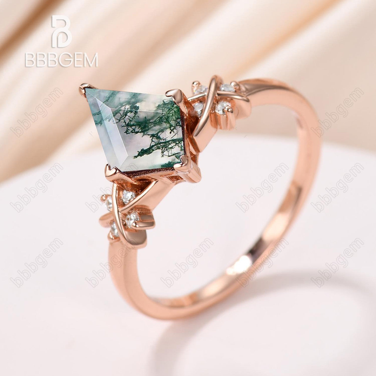 14K Rose Gold Kite Cut Moss Agate Diamond Engagement Ring - Geometric V-Prong Promise Jewelry for Women | Perfect for Proposals, Anniversaries & Special Occasions