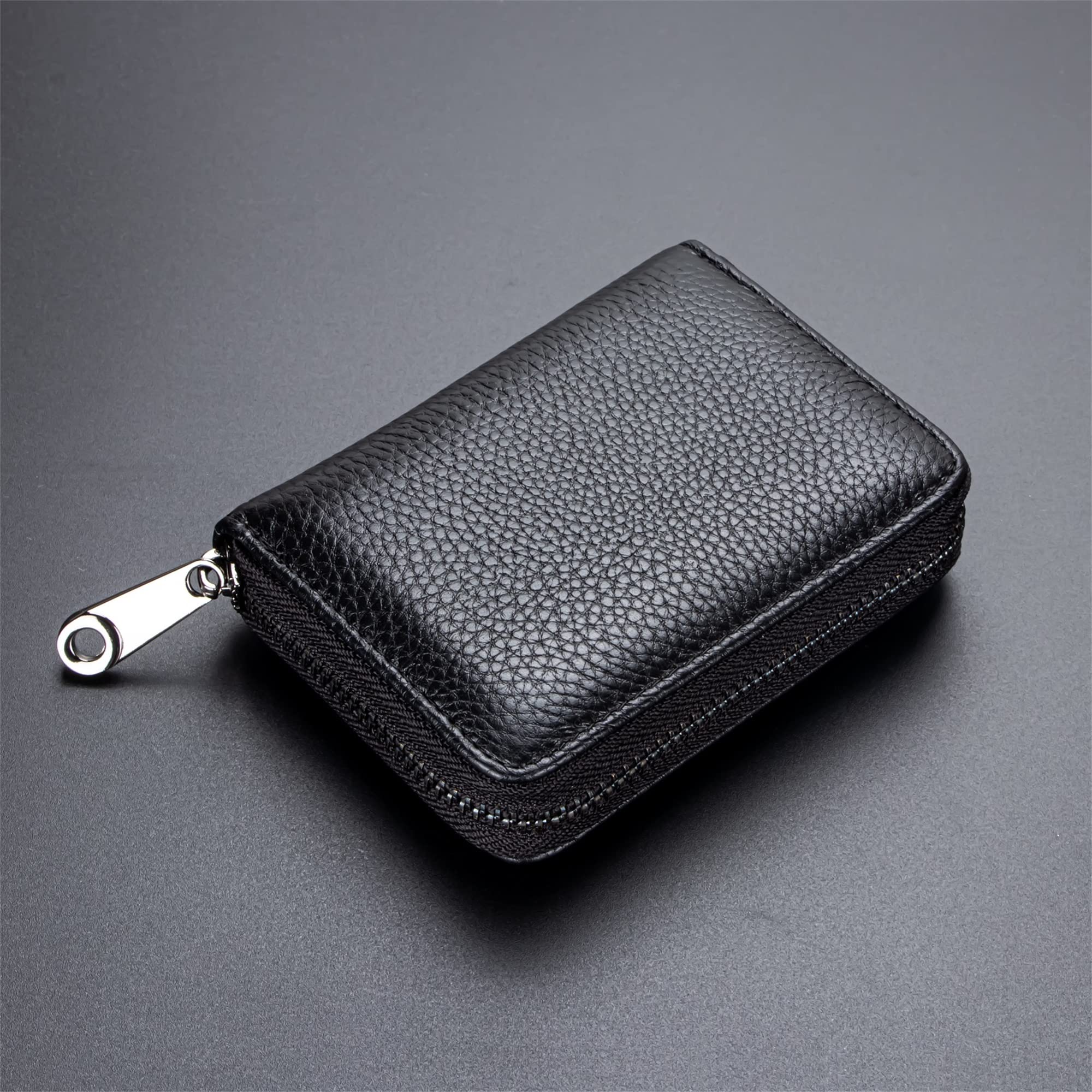 Genuine Leather RFID Blocking Credit Card Holder Wallet - Secure ID Card Case with Zipper Organizer (Black) - Perfect for Travel, Business & Everyday Use