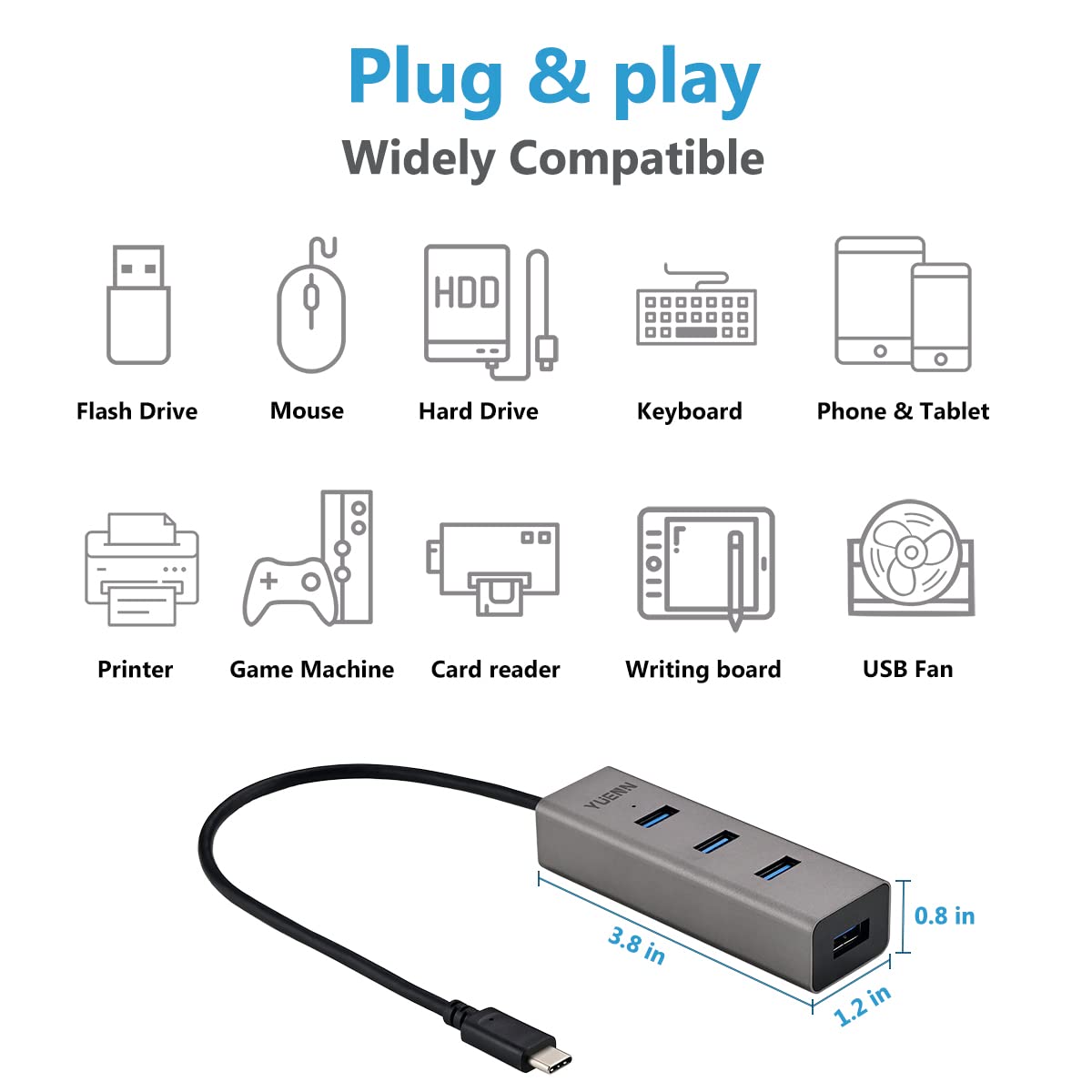 Premium 4-Port USB-C Hub with USB 3.0 - Aluminum Multi-Port Adapter for Laptop, Tablet, Phone & PC - Thunderbolt 3 Compatible for MacBook, Windows, Android, Chrome OS - Perfect for Home Office, Travel & Remote Work