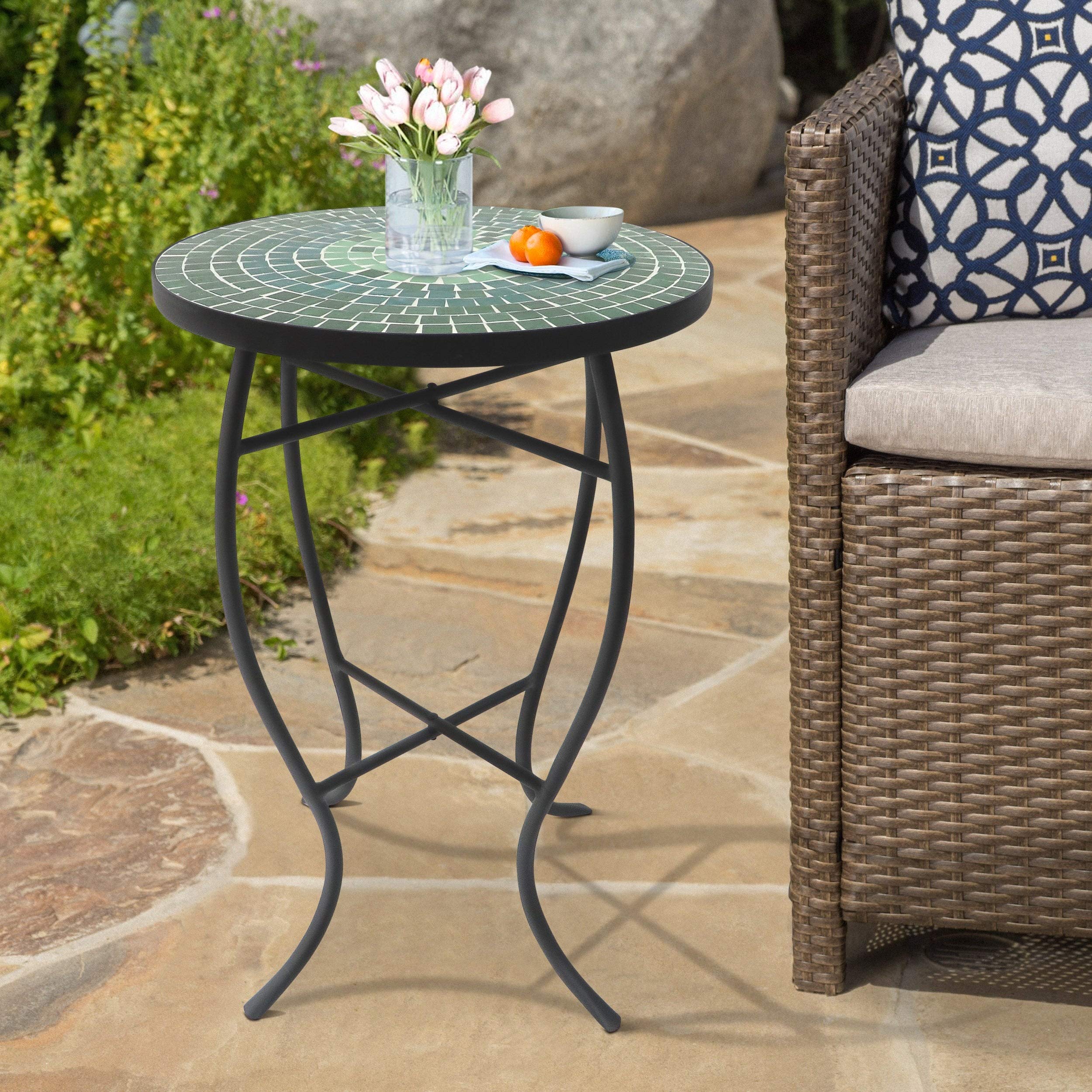 Modern Round Mosaic Folding Side Table - Black & Green Glass Metal Outdoor Patio Furniture - Weather Resistant Accent Table for Living Room, Balcony or Garden Decor