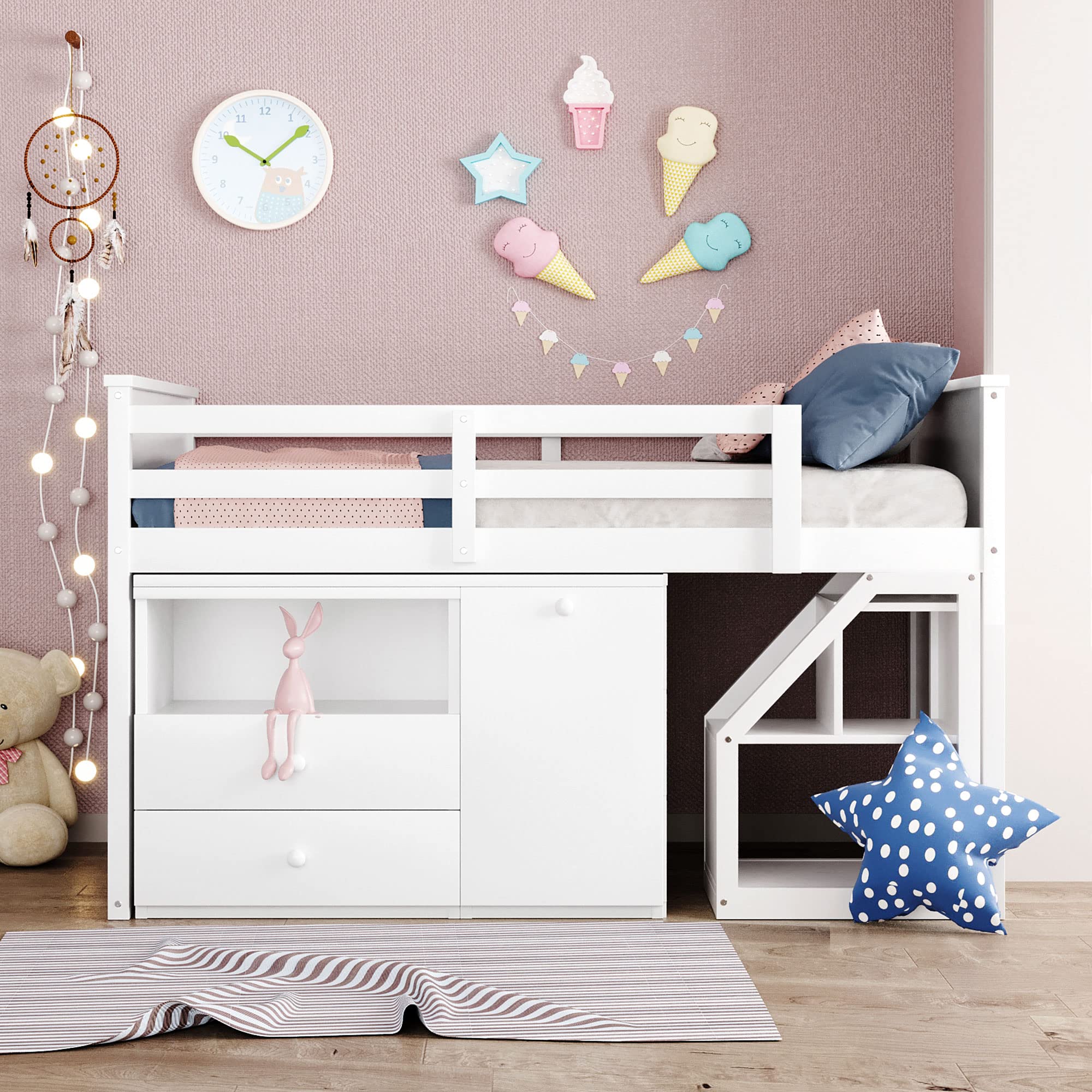 SOFTSEA Twin Loft Bed with Built-in Desk, Storage Cabinet & Stairs - Space-Saving Kids Low Bunk Bed (White) - Perfect for Small Bedrooms, Dorms & Playrooms