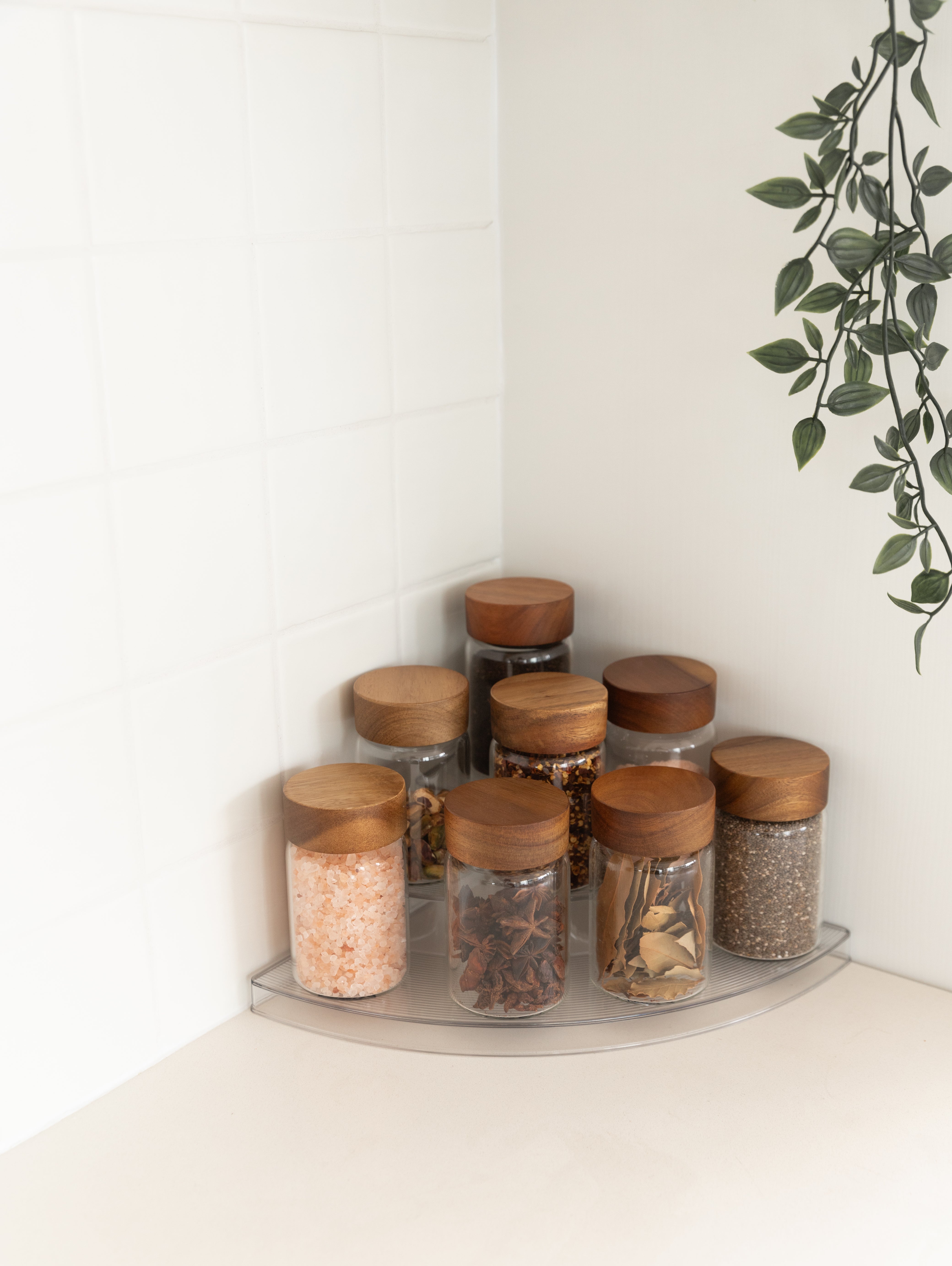 Clear 3-Tier Corner Shelf with 8x250ml Acacia Spice Jars - Space-Saving Spice Organizer for Kitchen, Bathroom & Pantry Storage