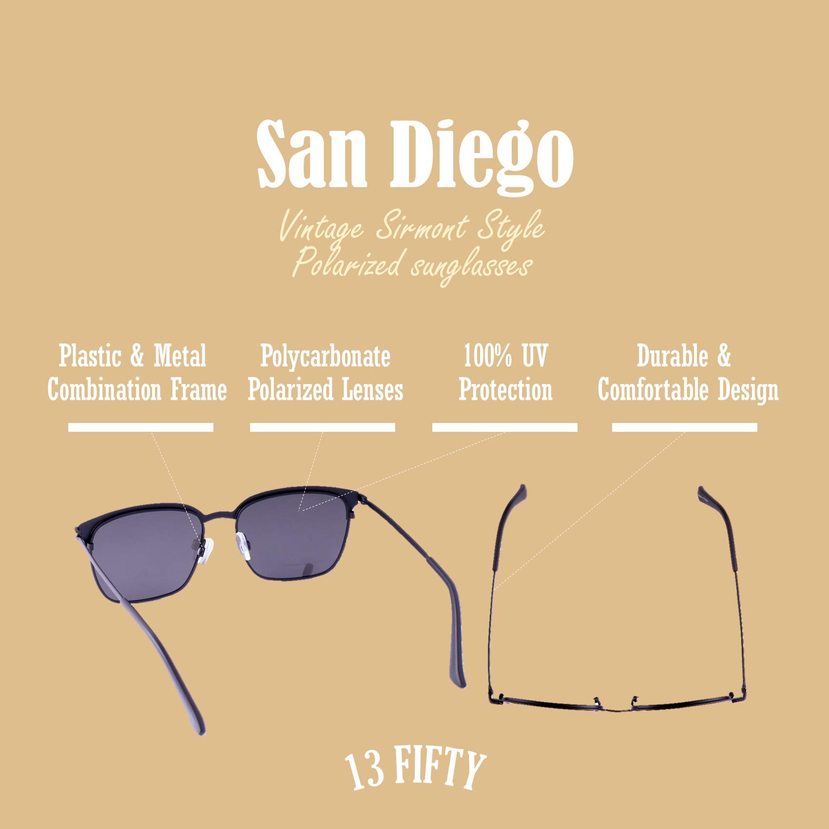 13Fifty San Diego Polarized Metal Sunglasses for Men & Women - UV Protection, Lightweight & Durable - Perfect for Driving, Beach & Outdoor Activities